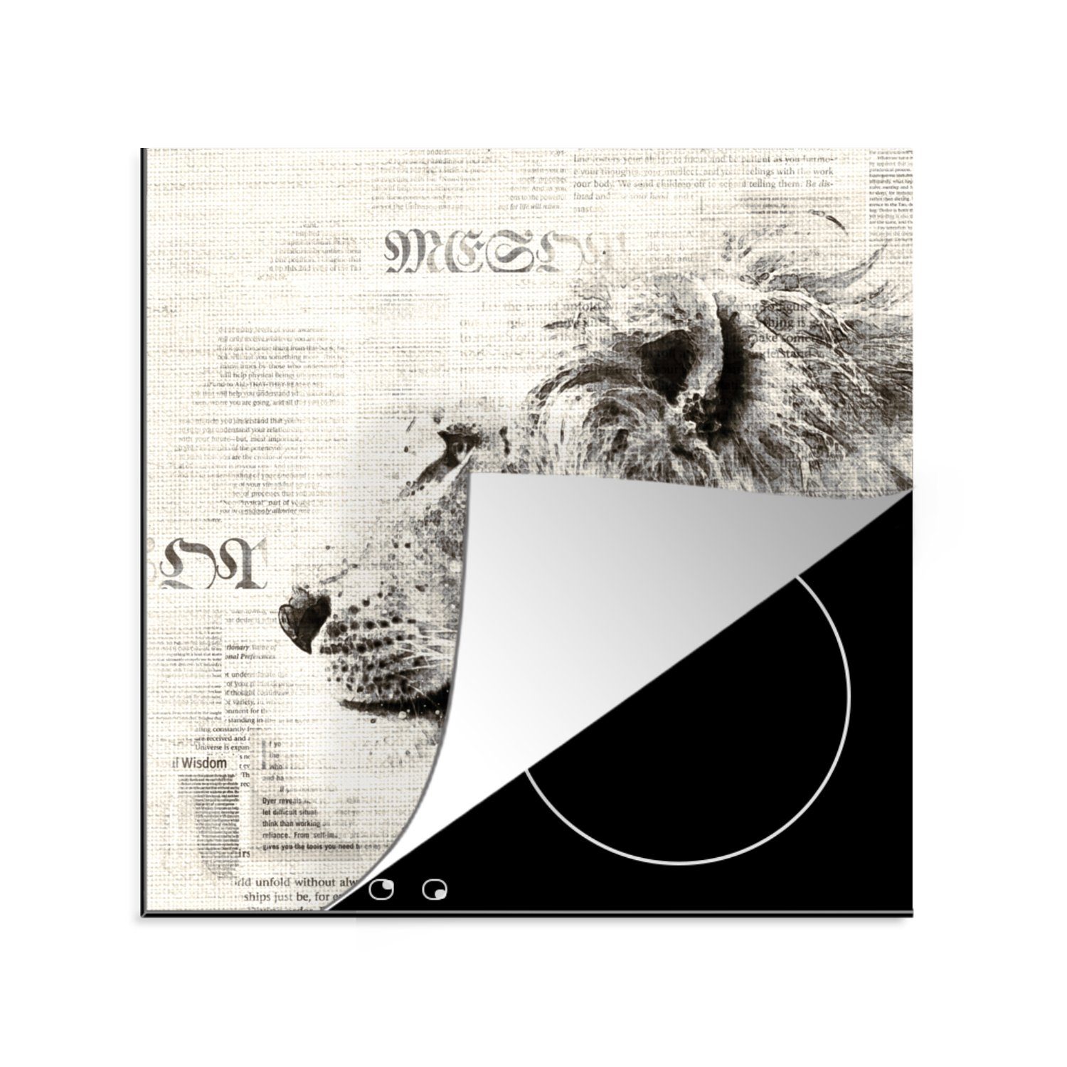 MuchoWow Herdblende-/Abdeckplatte Löwe - Zeitung - Schwarz - Weiß, Vinyl, (1 tlg), 78x78 cm, Ceranfeldabdeckung, Arbeitsplatte für küche