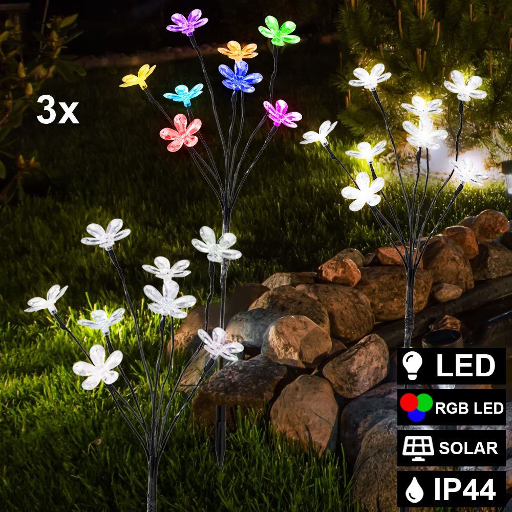 etc-shop LED Solarleuchte, LED-Leuchtmittel fest verbaut, Warmweiß, Farbwechsel, 3x RGB LED Solar Außen Steck Lampen Blumen Garten Deko Beleuchtung