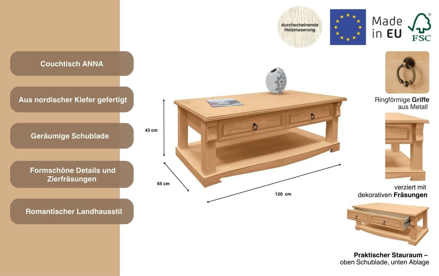 OTTO home Couchtisch Anna (Gesamtmaße (B/T/H): ca. 120/65/43 cm), Kaffeetisch mit Schublade und Ablage, Massivholz, FSC®