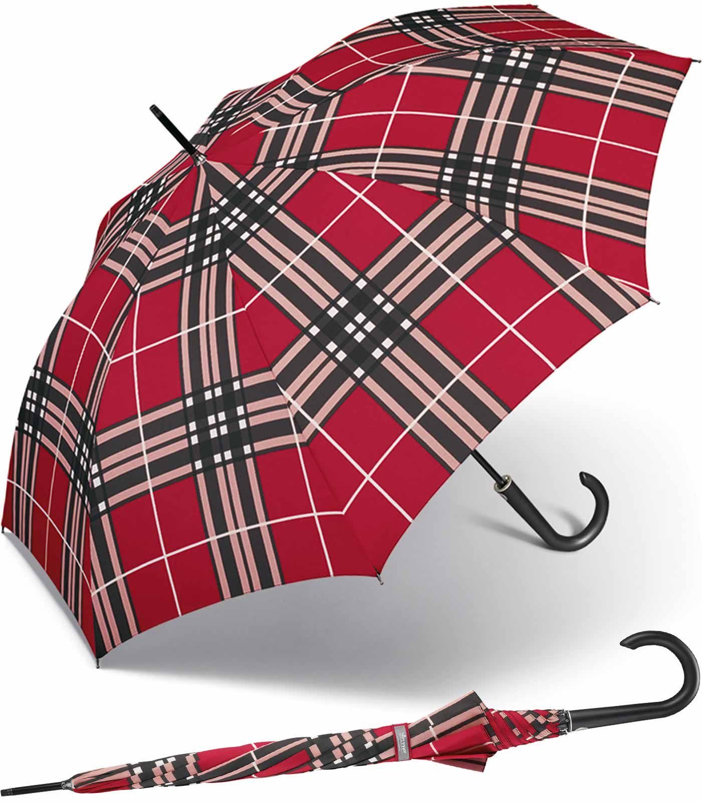 happy rain® selection Langregenschirm große, stabil, mit Auf-Automatik, Karo  rot, windsicher durch revolutionäre Kinematic-Gelenke | Stockschirme