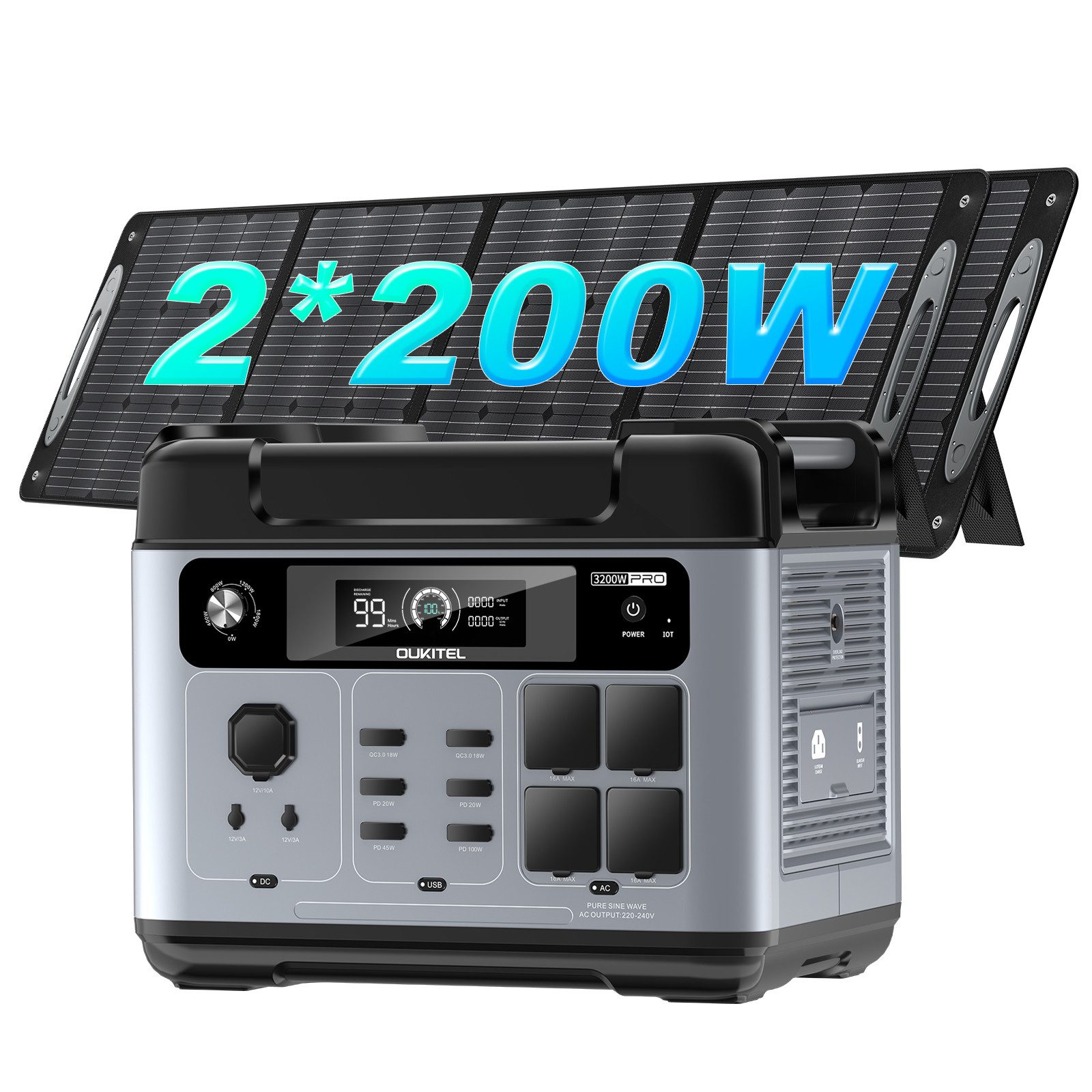 OUKITEL Stromerzeuger P2001E Pro 3200W Tragbare Powerstation, 3,2 in kW, (LiFePO4-Akku, Mit 2 x 200W Solarpanel), Solargenerator mit 4 AC-Ausgängen 3200W, für Camping,Wohnmobil,Notfall