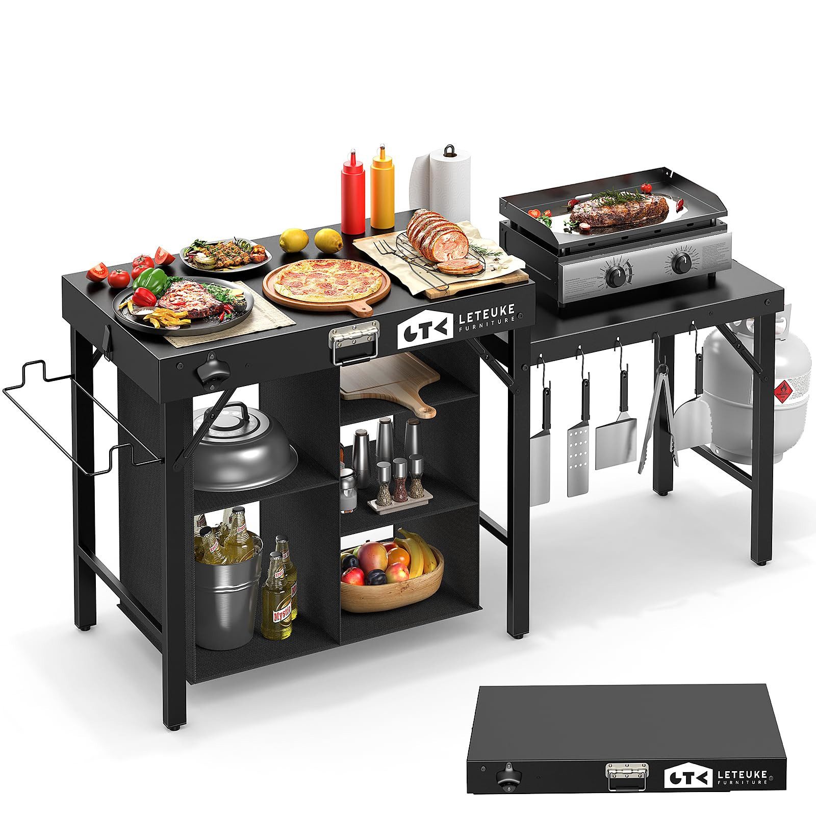 Warmounts Grillablagetisch 3-Etagen Multifunktional Grilltisch Service-Tisch Klappbar 110x45x75cm (Gartentisch BBQ Grilltisch mit Arbeitsplatte und Staufächern, 5 Haken), Haupttisch Tragfähigkeit bis 200kg, für Outdoor, Garten & Picknick