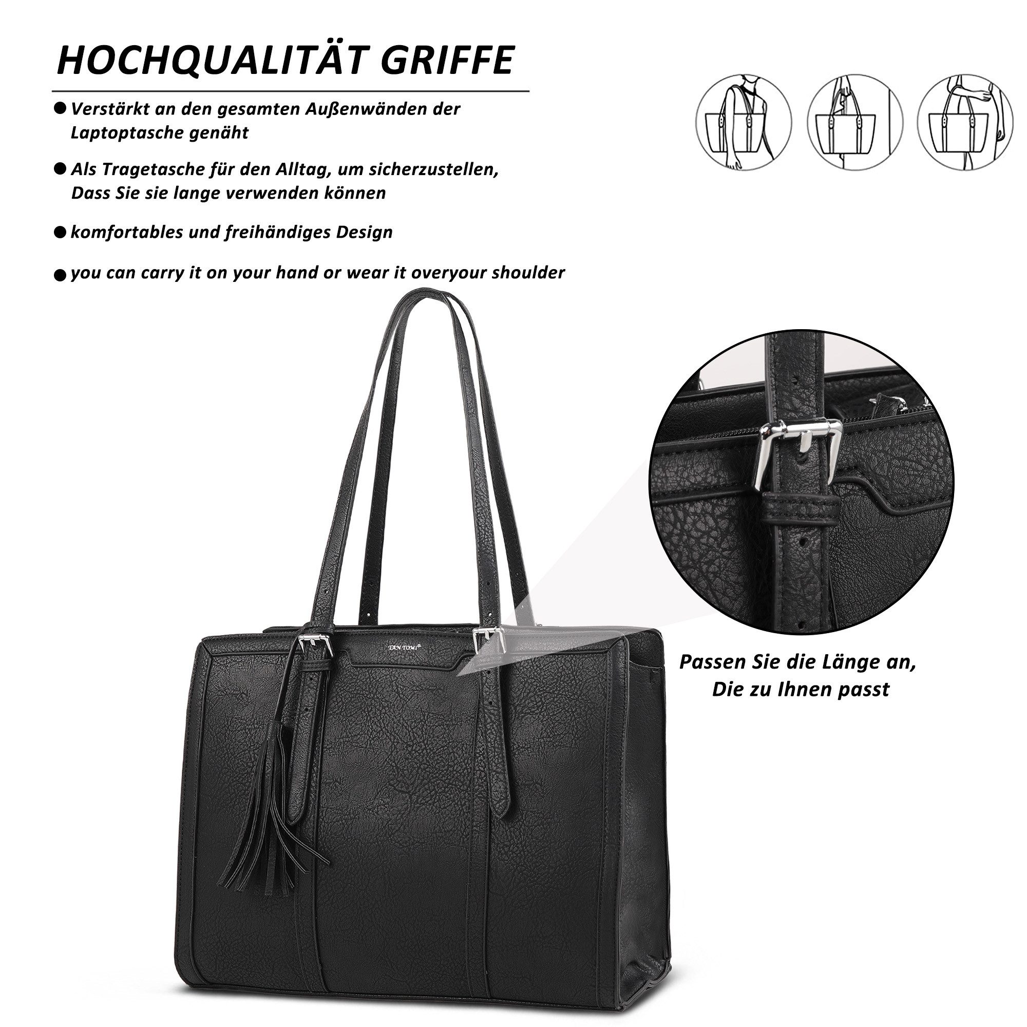 TAN.TOMI Handtasche Große Business Handtasche Damen Leder Schultertasche Arbeit Schule, Bürotasche Damen 15.6 Zoll Notebookt mit 3 Fächern für Büro Schule