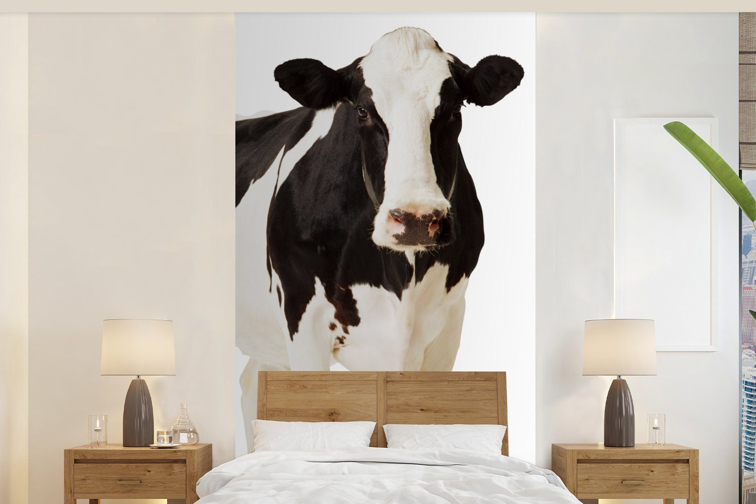 MuchoWow Fototapete Kuh - Weiß - Schwarz - Tiere, Matt, bedruckt, (2 St), Vliestapete für Wohnzimmer Schlafzimmer Küche, Fototapete