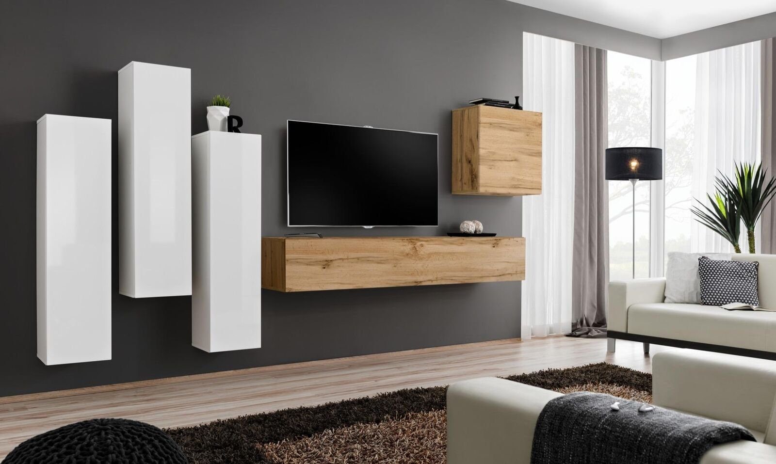 Modern Holz + Wandschrank), in Europa (6-St., Braun TV Wandschrank 1x Möbel Made Wohnzimmer Neu, Ständer + Ständer JVmoebel TV 1x Wohnzimmer-Set Wohnwand 4x