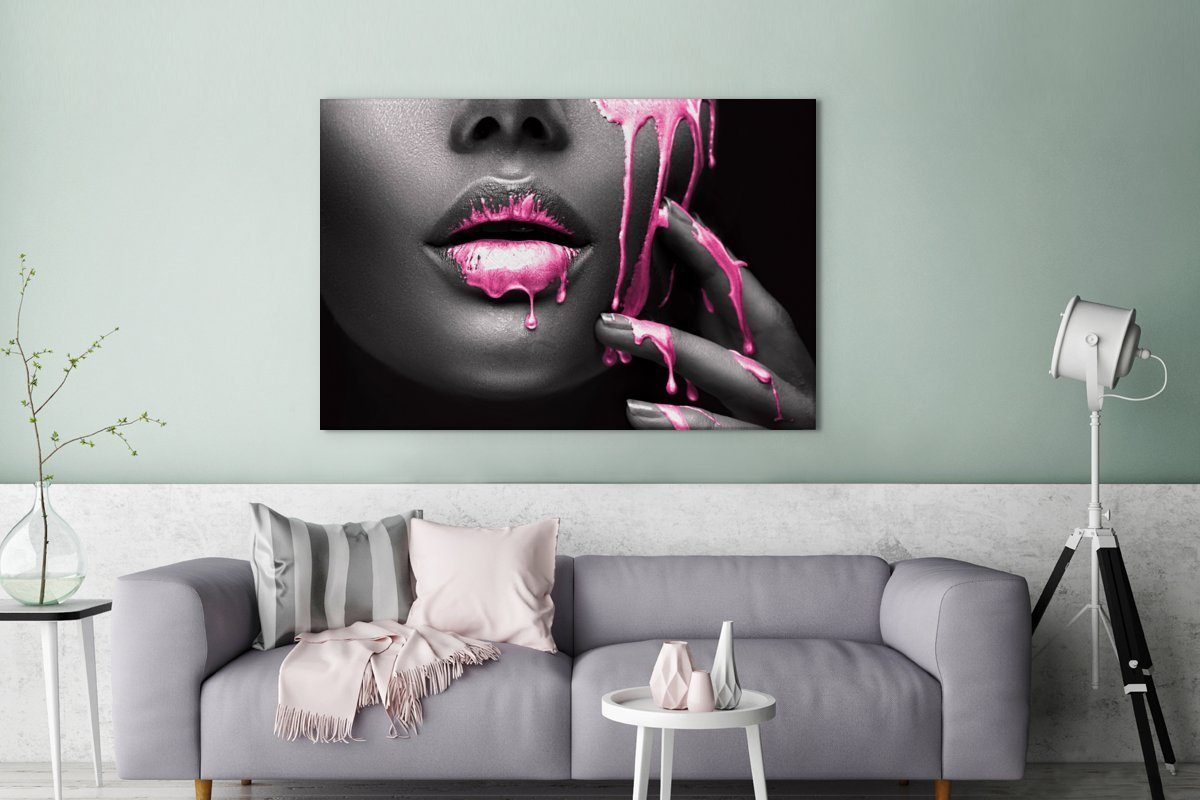 OneMillionCanvasses® Leinwandbild Lippen - Rosa für 120x80 großes, alle XXL, Wohnbereiche, cm Schwarz, (1 Gemälde, St), Wandbild 