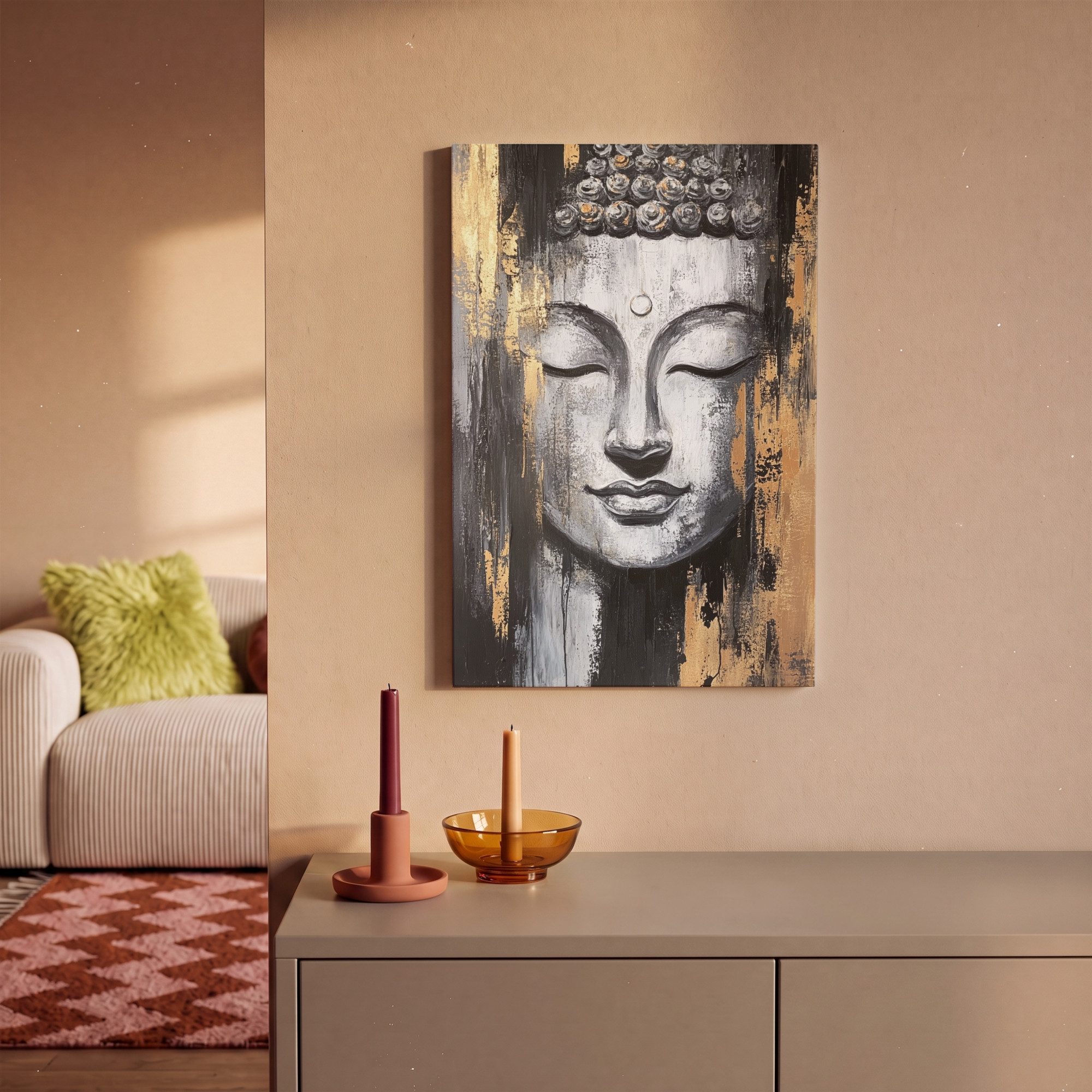 OneMillionCanvasses® Leinwandbild Buddha - Pinselstriche - Gold - Abstrakt, Fotodruck (1 St), Wandbild, Deko Schlafzimmer Wohnzimmer Flur 20x20 cm – Bild 2 von 5