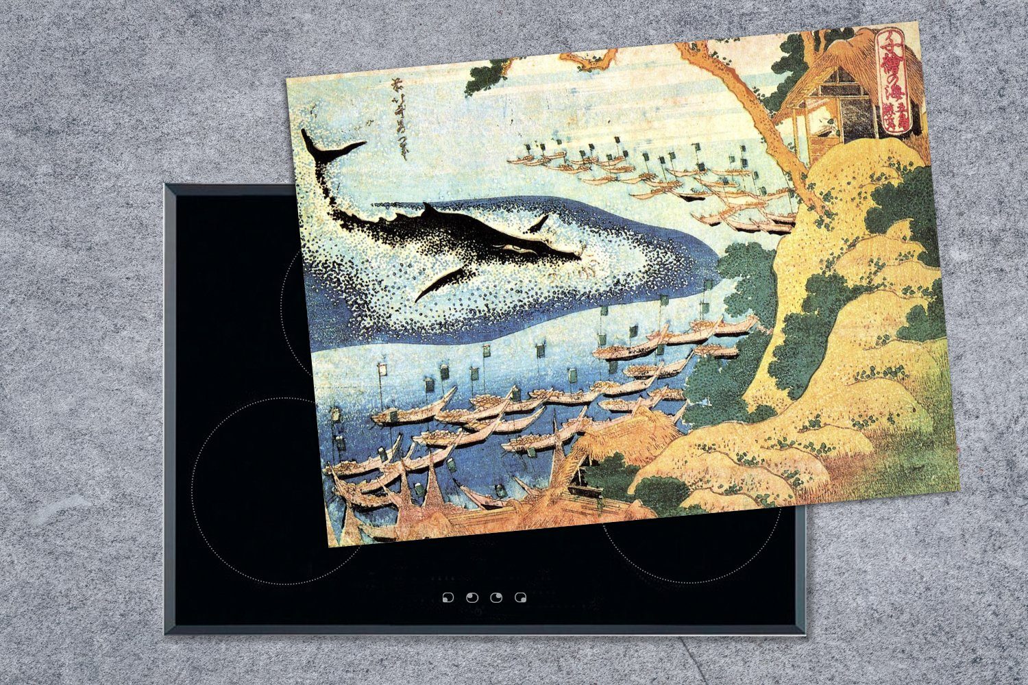 MuchoWow Herdblende-/Abdeckplatte nutzbar, bei tlg), Ceranfeldabdeckung Gemälde Mobile cm, Goto (1 70x52 Hokusai, Katsushika Wal Ein von Arbeitsfläche Vinyl, 