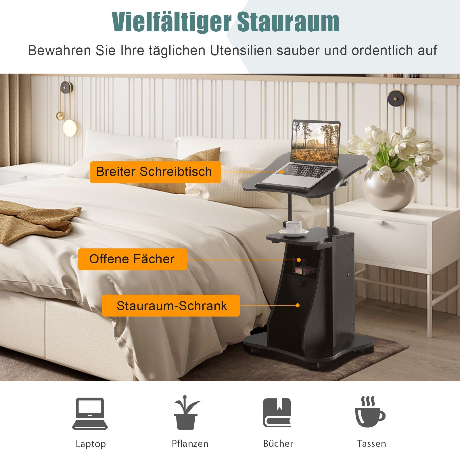 COSTWAY Stehpult, mit neigbarer Tischplatte & Schrank, 68-114cm verstellbar