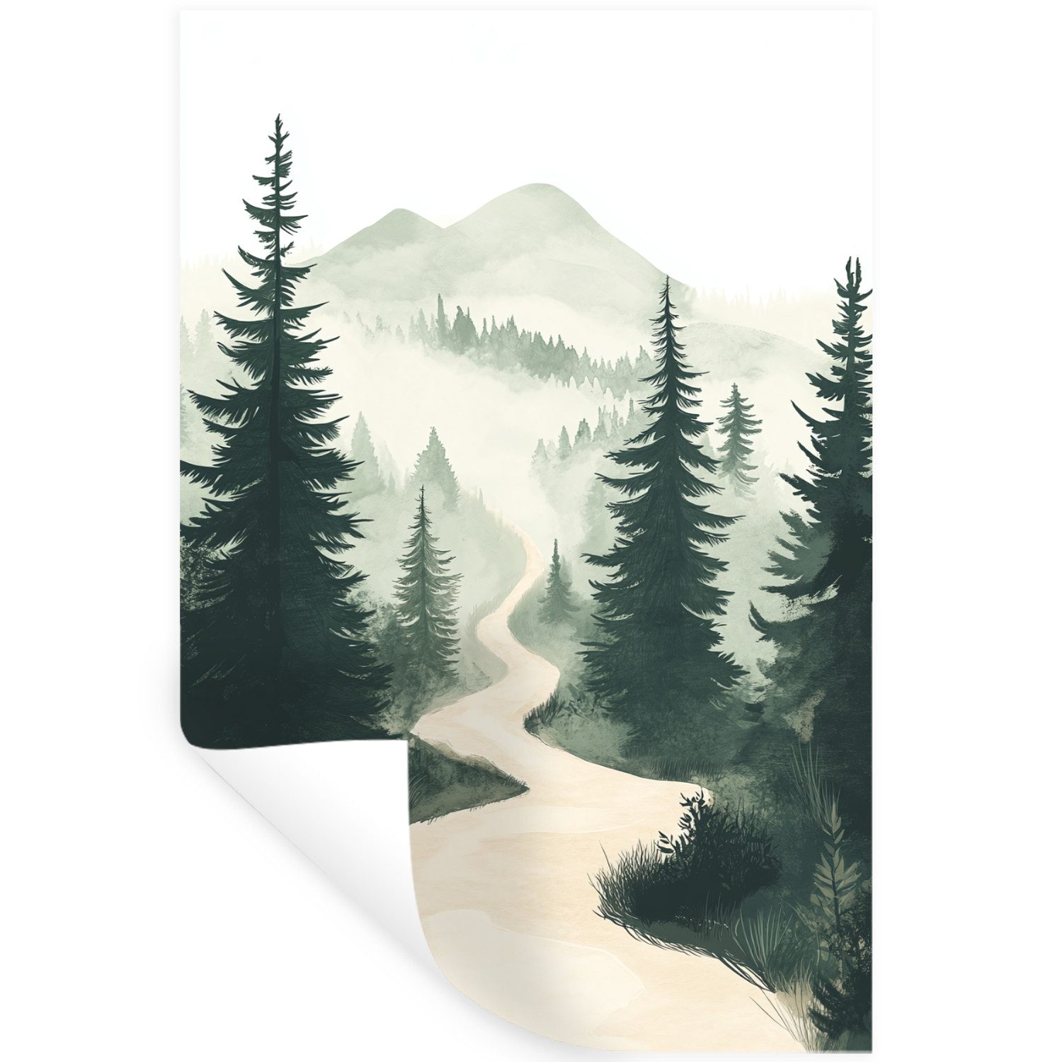 MuchoWow Wandsticker Pfad - Bäume - Wald - Illustration (1 St), Wandaufkleber, Selbstklebend, Wohnzimmer, 20x30 cm