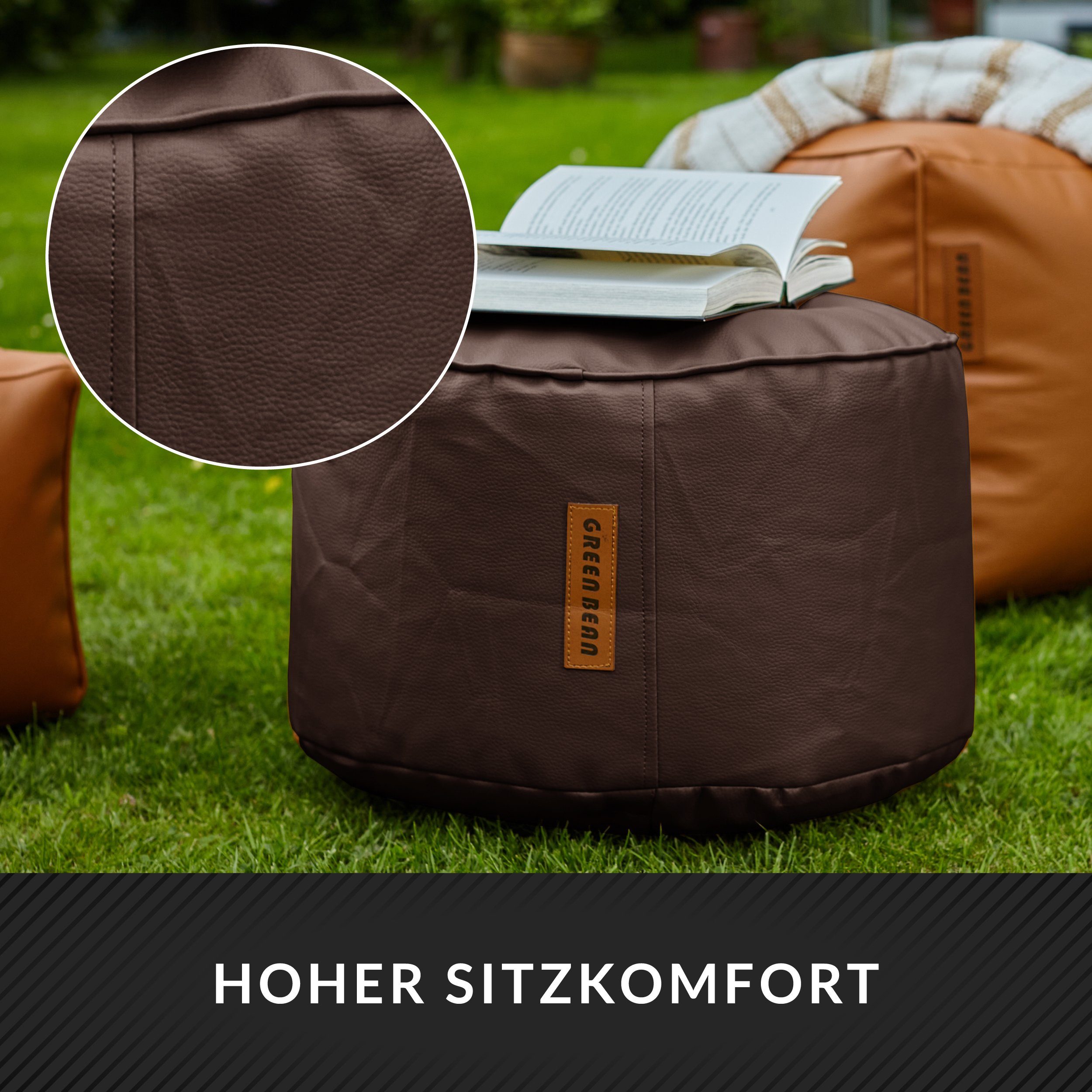 Riesensitzsack Sitzsack Green Chair Indoor Outdoor und Bean Cognac Couch geeignet), inkl. Gaming Pouf Hocker Rückenlehne (aus Lounge Bean passenden Kunstleder, Kissen Stay mit Bag Kissen