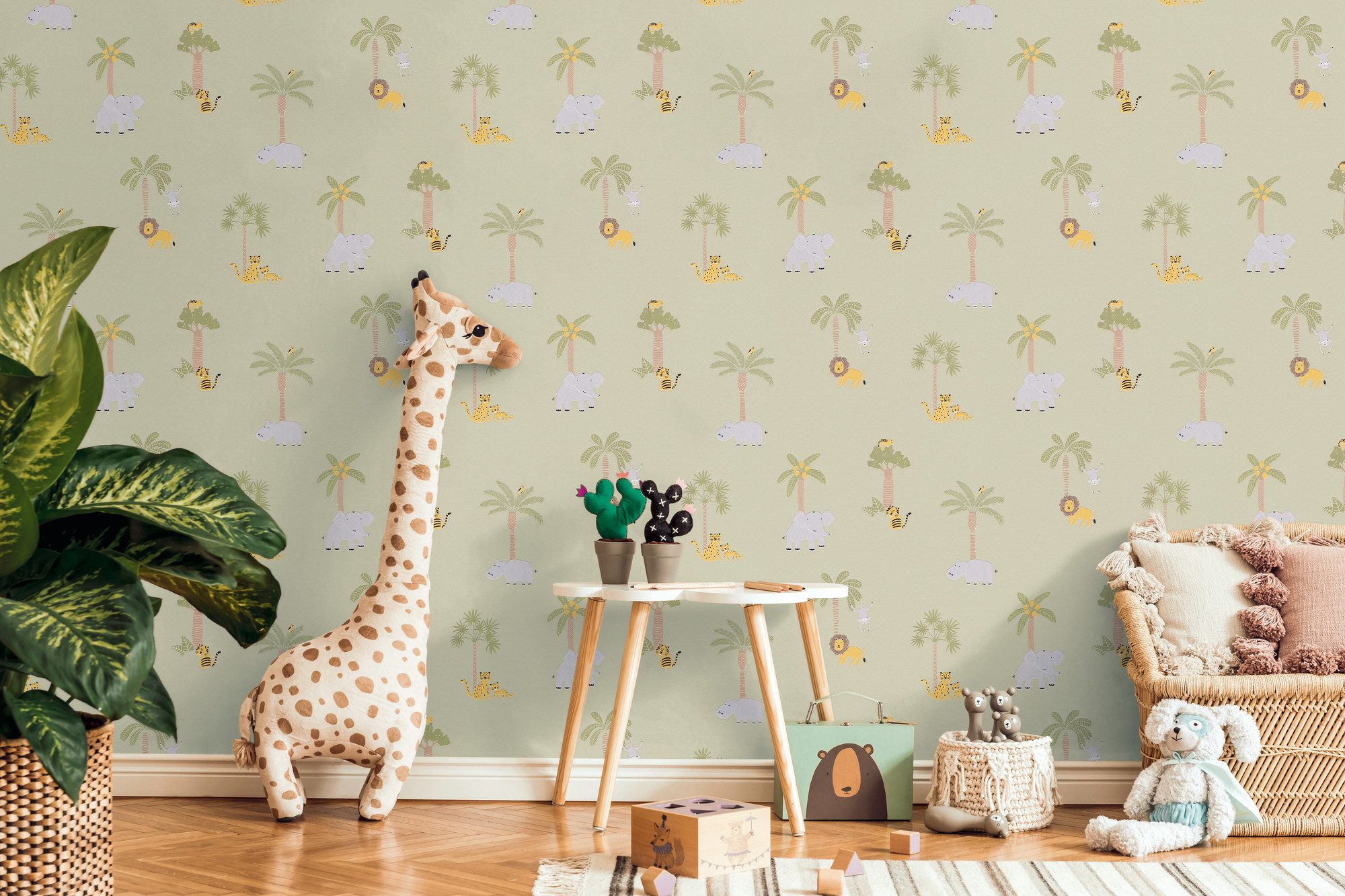 living walls Vliestapete Kids Studio Safari – Tier Vliestapete für Kinder, glatt, naturalistisch, grafisch, Motiv, Safari-Tiere mit Elefanten, Tigern und Palmen