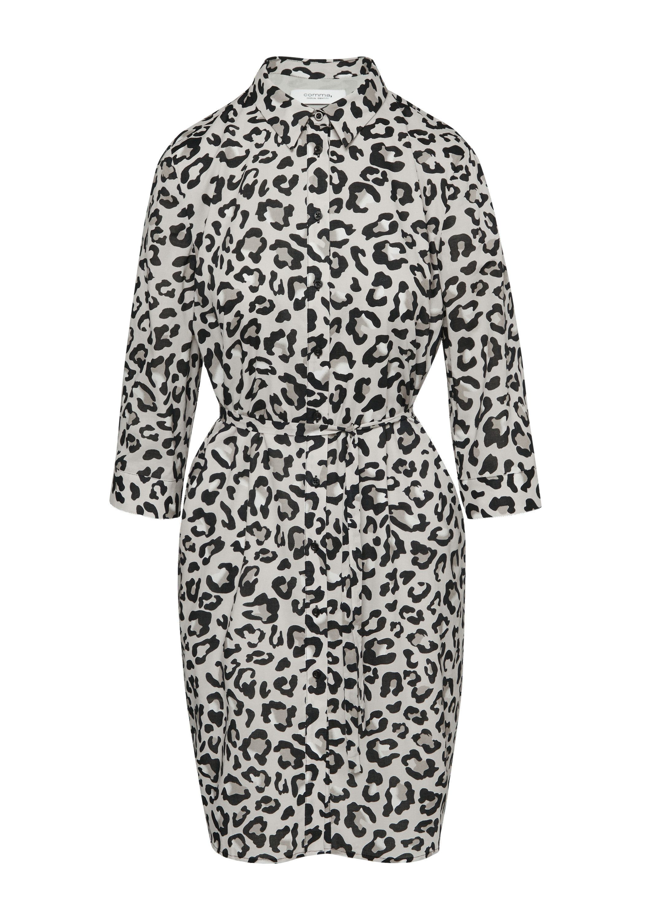 comma Minikleid Kleid Hemdblusen-Kleid mit Leo-Print und Eingrifftaschen