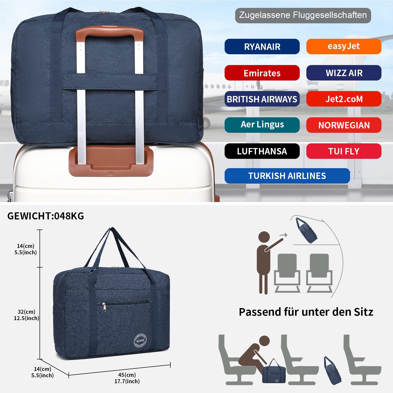 KONO Reisetasche Faltbar Damen Handgepäck Tasche Wasserdicht