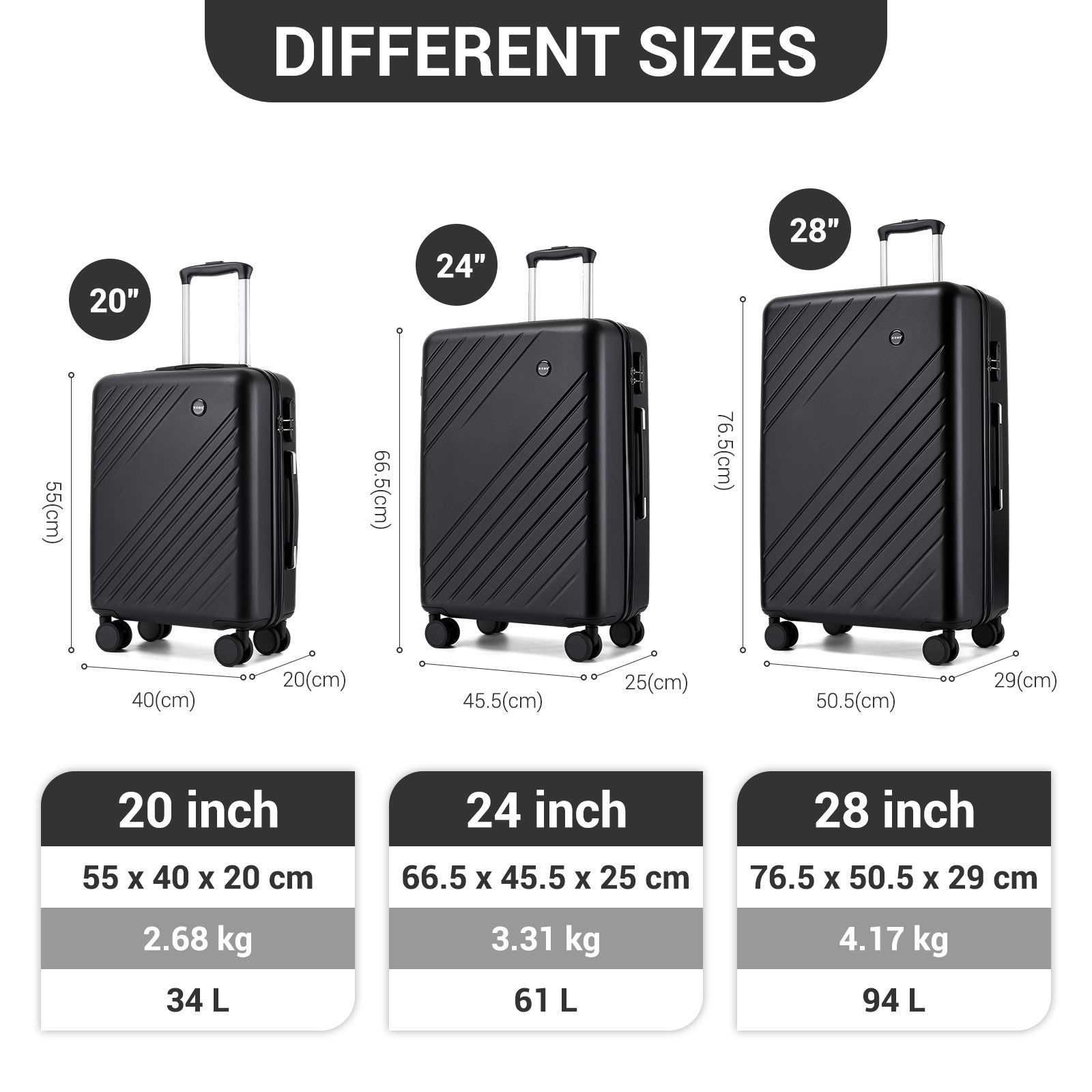 KONO Koffer Hartschalenkoffer 20/24/28 Zoll, ABS+PC, Leichter Reisekoffer