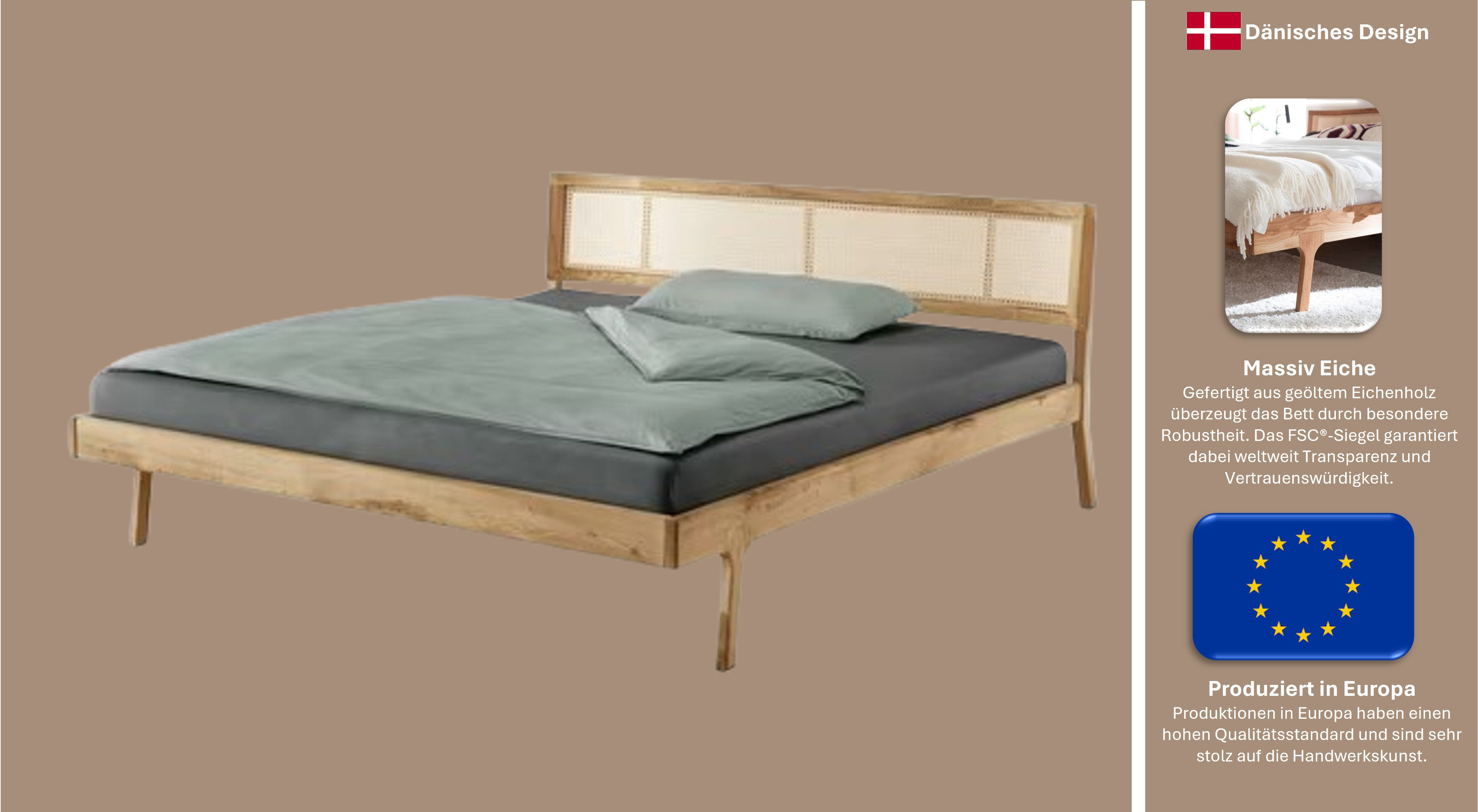 OTTO home Massivholzbett Hällevik, Kopfteil höhenverstellbar, Eiche massiv, mit Wiener Geflecht (mehrere Breiten), skandinavischer Stil, Made in EU, FSC®-zertifiziert, sehr stabil