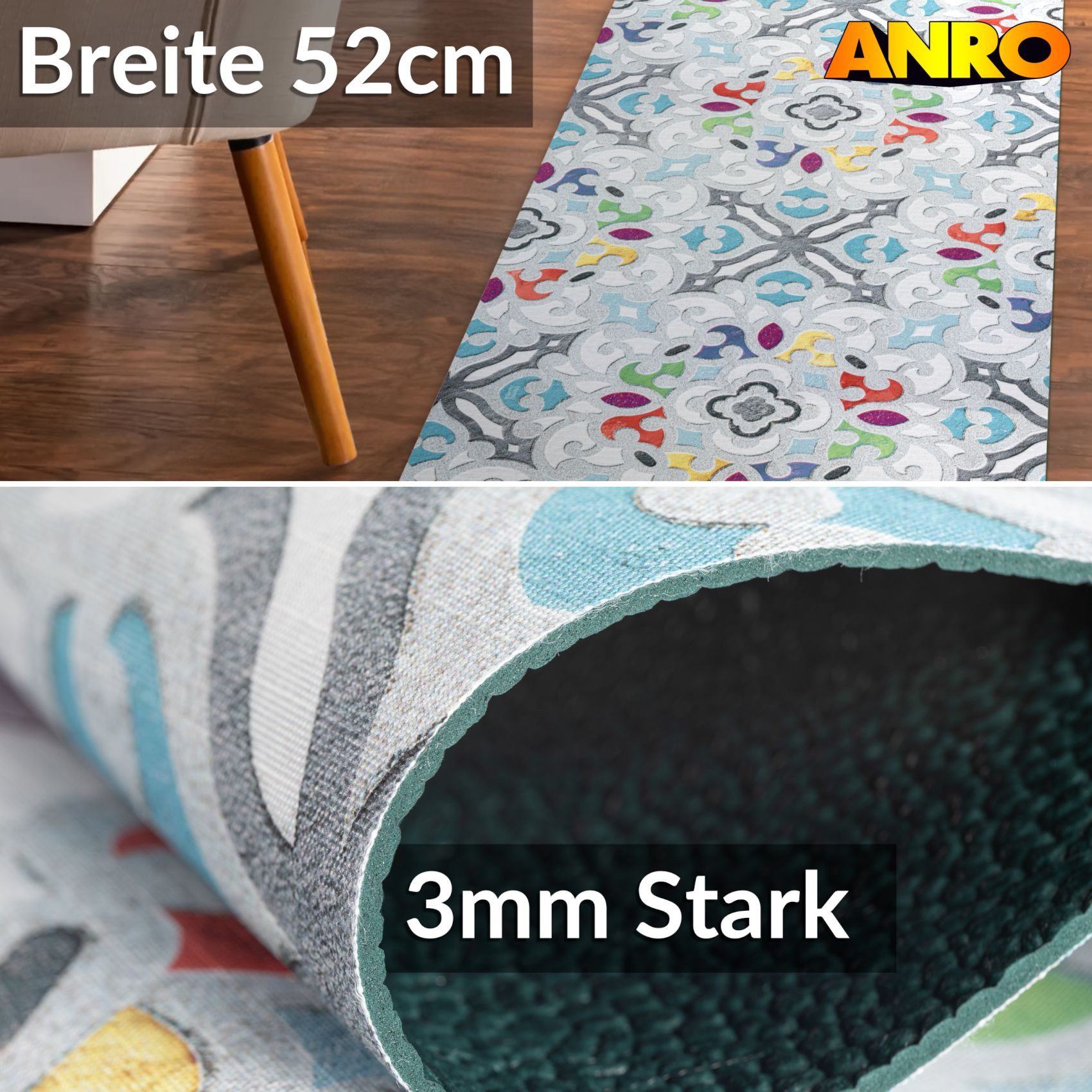 ANRO Küchenläufer GreenLine Teppichläufer Textil, Rechteckig, Höhe: 3 mm, Bodenläufer 100cm Valentina Grau pflegeleicht