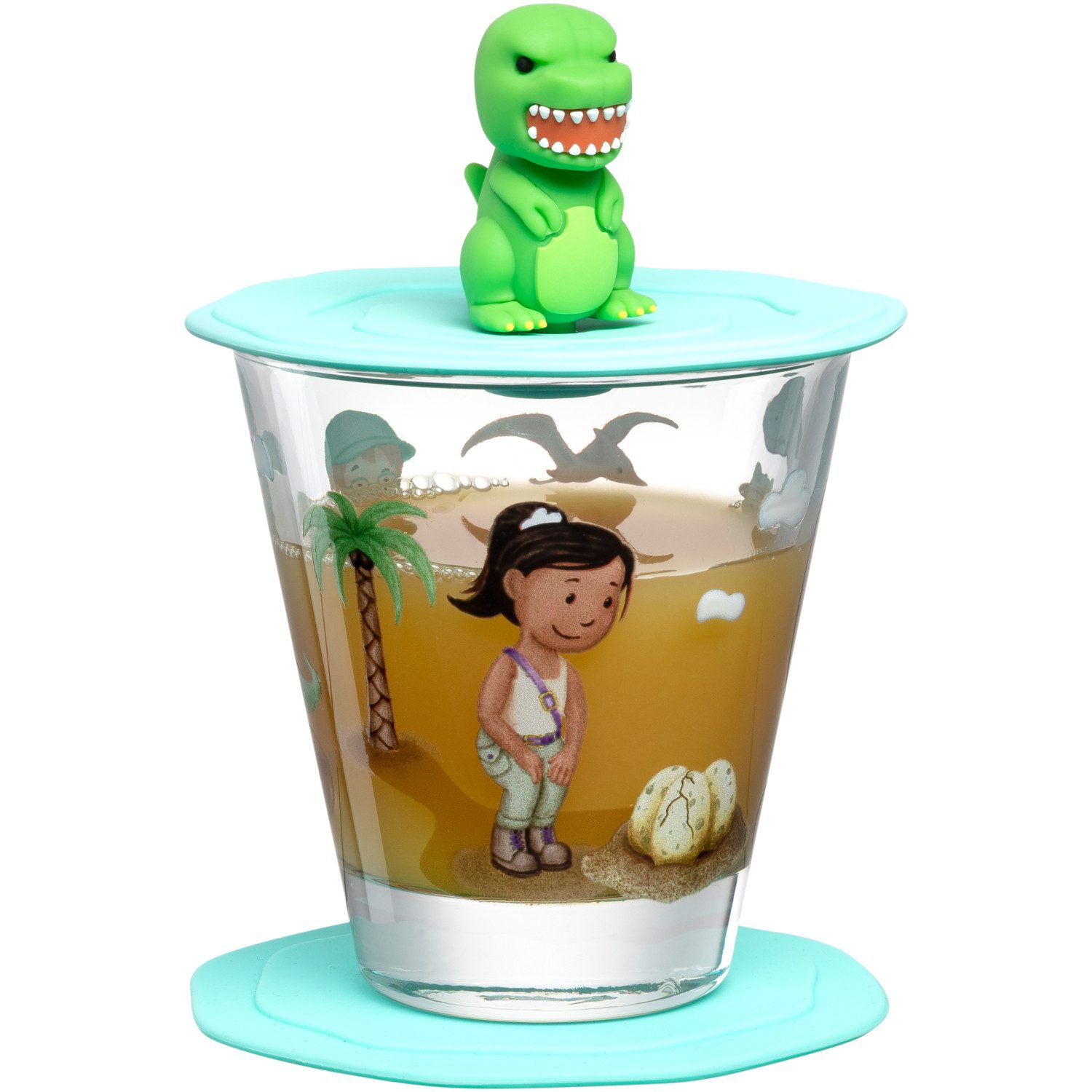 LEONARDO Glas Bambini Avventur, Kalk-Natron Glas, 3 -tlg. inkl. Deckel & Untersetzer, Kindermotiv, Spülmaschinenfest