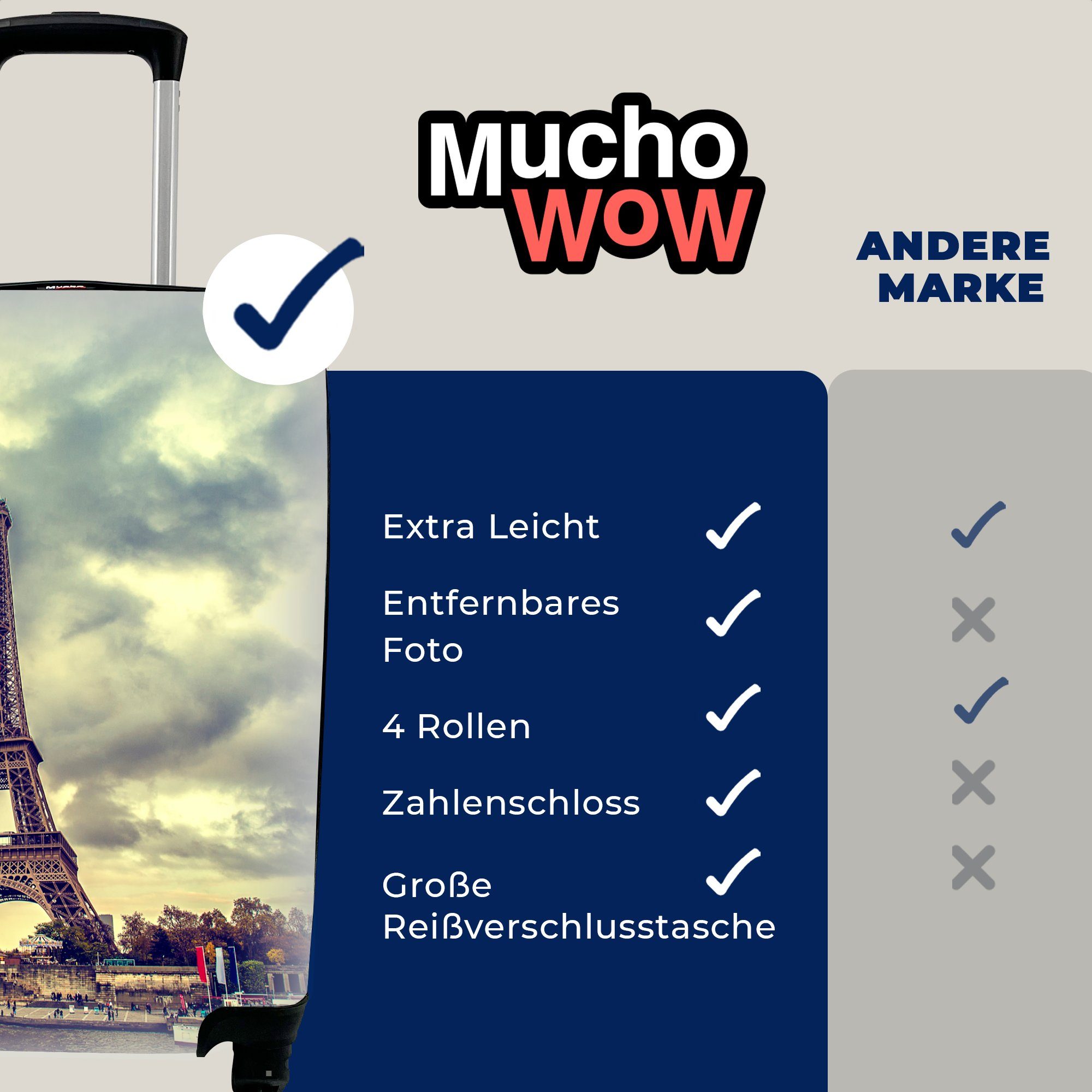 Rollen, Reisetasche MuchoWow Wasser Ferien, Blick 4 auf für Paris, Eiffelturm Trolley, den rollen, Reisekoffer das Handgepäck und Handgepäckkoffer mit über