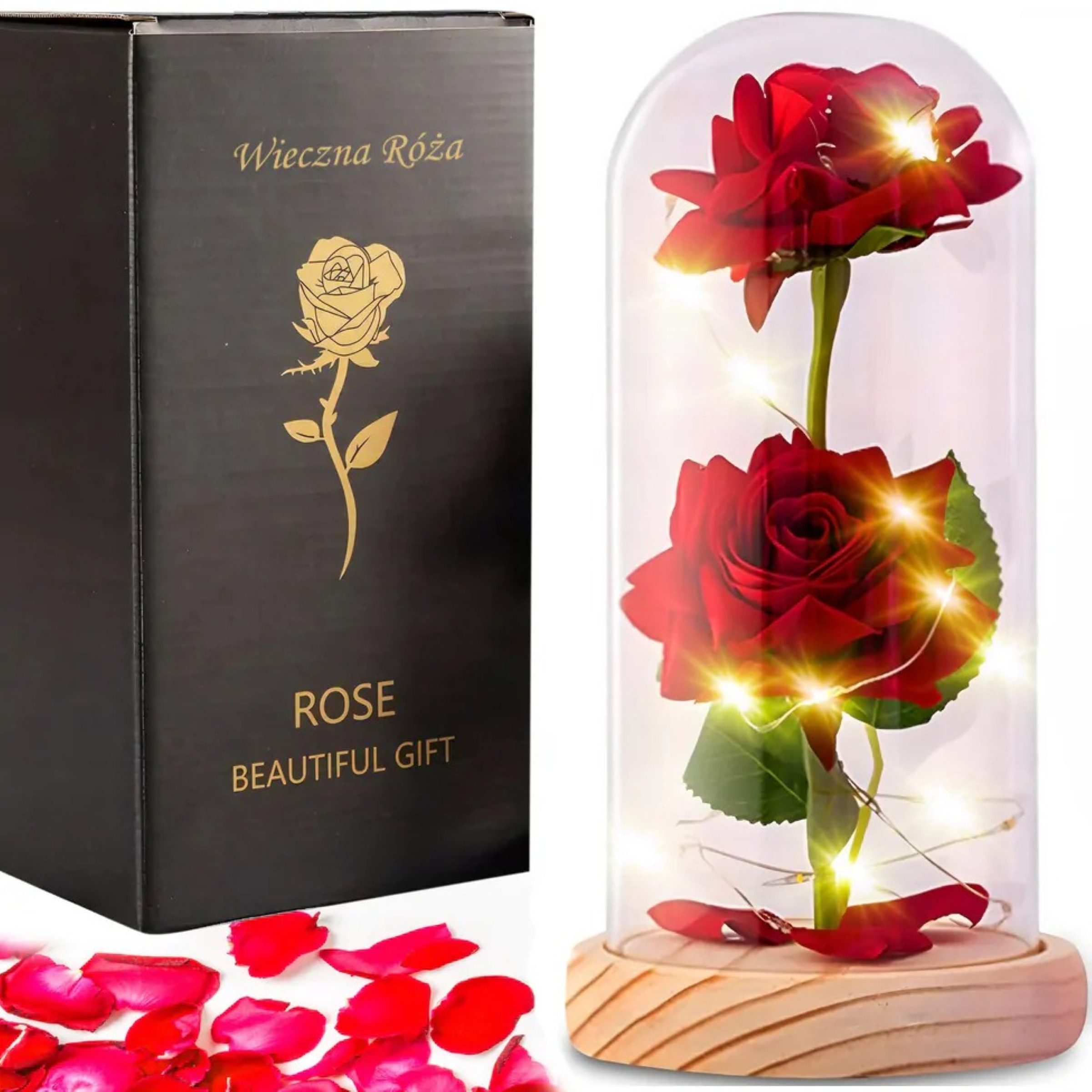 HURTNET Dekoobjekt Ewige LED-Rose im Holzsockel unter Glaskuppel Geschenkidee Deko (Romantisches LED-Rosen Ornament Geschenkidee Dekoration, 2 LED-Rosen im Holzsockel unter Glaskuppel, dekorativ und romantisch), LED-Beleuchtung Warmweißes Licht Holzsockel