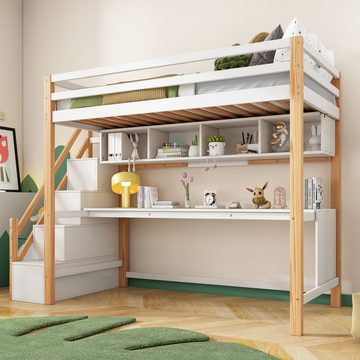HAUSS SPLOE Hochbett 90*200 mit Stauraumtreppe, Schreibtisch und Regalen, natur und weiß Ohne Matratze