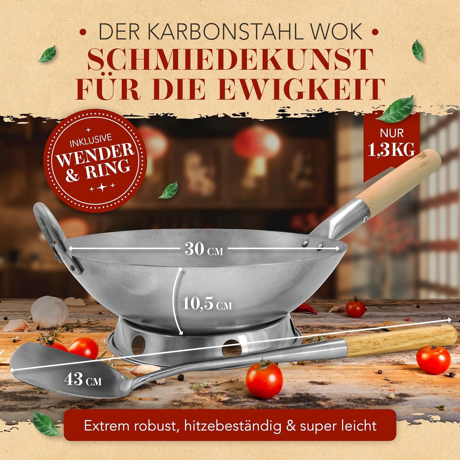Krustenzauber Wok 30cm Wokpfanne - Traditionelle Stahlwokpfanne, (mit Wokwender u. Wokring - Wok Pfanne, Wok Induktion, Woklette), Wok Zubehör, Carbon Steel Wok Karbonstahl