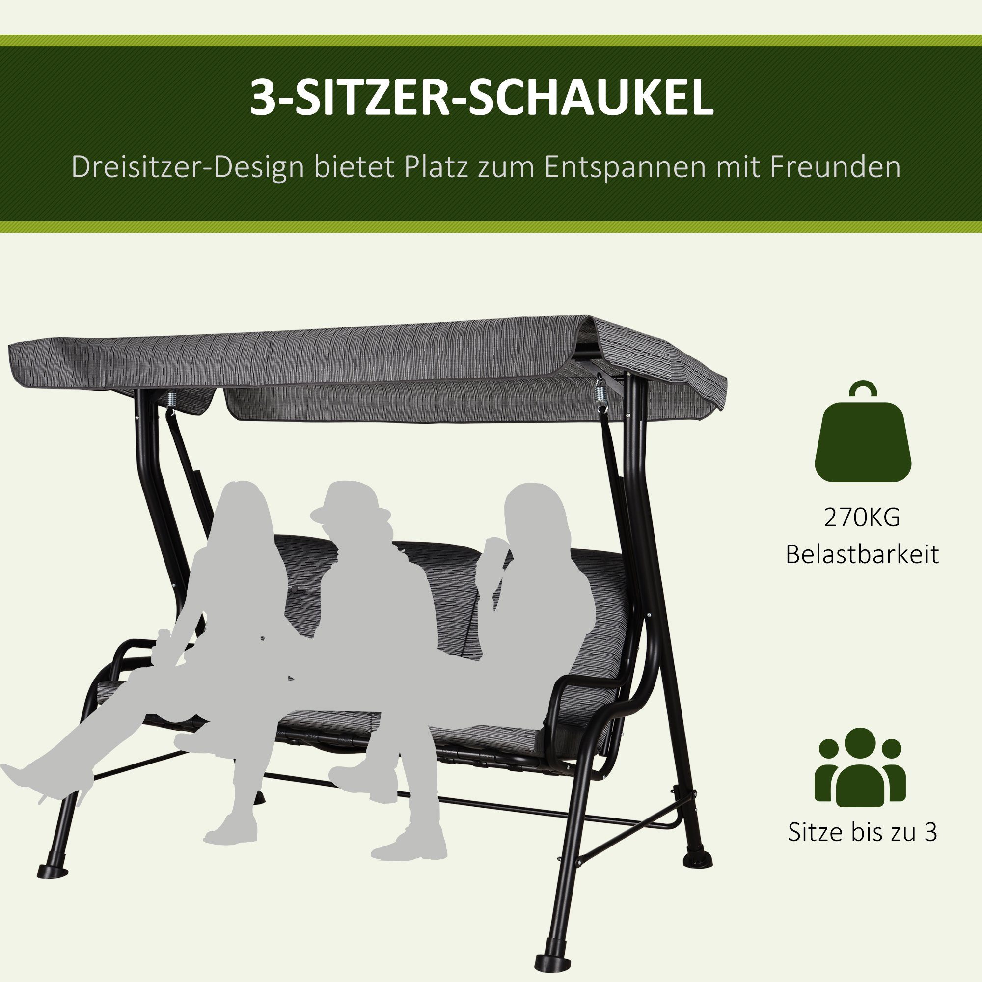 Outsunny Hollywoodschaukel Gartenschaukel mit Sonnendach, 3-Sitzer, Bettfunktion, Hollywoodschaukel, 1 tlg., Gartenschaukel, für Garten, Balkon, Schwarz