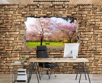 wandmotiv24 Fototapete 3D Sakura Blumen blühen - Steinmauer, glatt, Wandtapete, Motivtapete, matt, Vliestapete