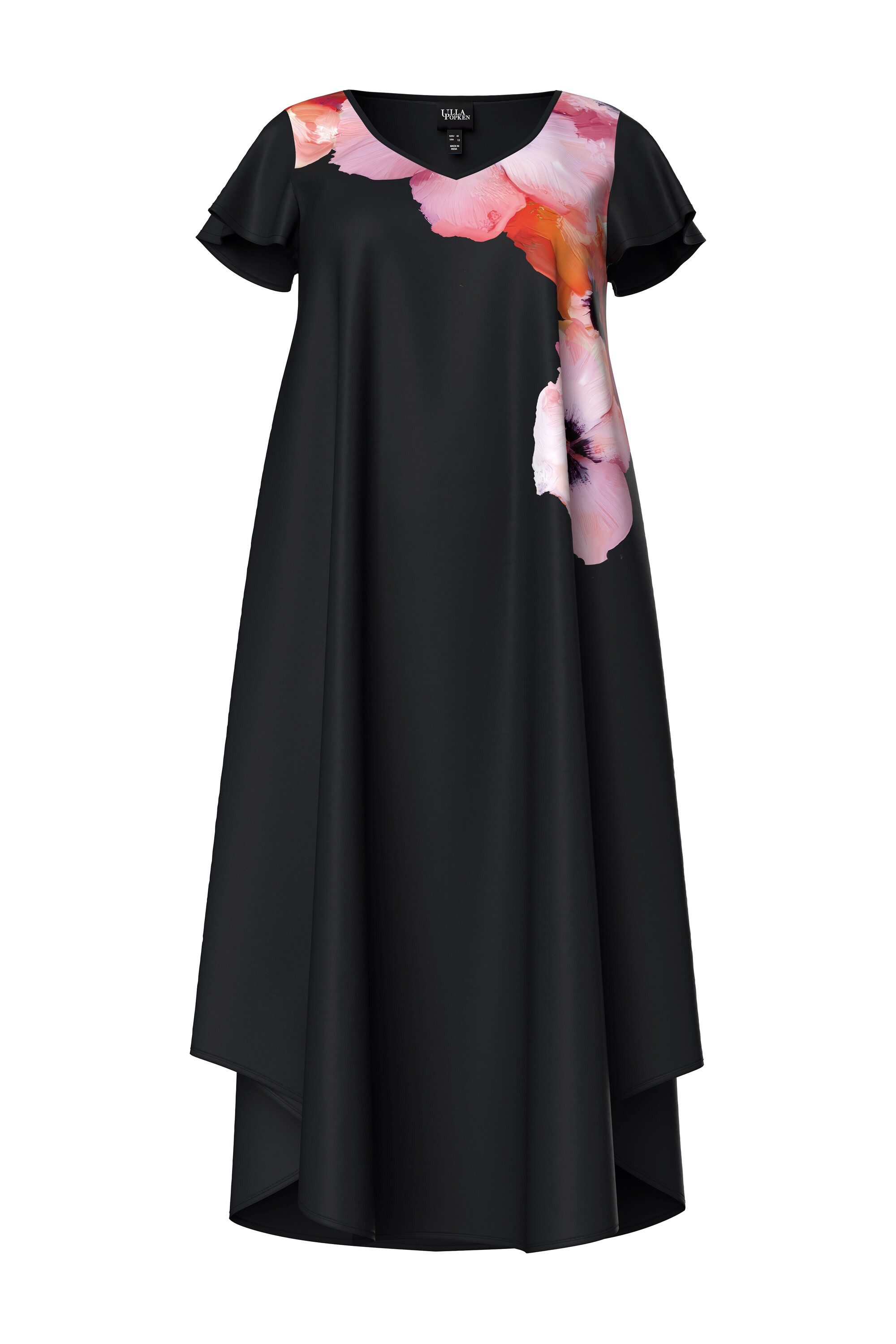 Ulla Popken Strandkleid Midikleid Blüten A-Linie V-Ausschnitt Cap-Ärmel
