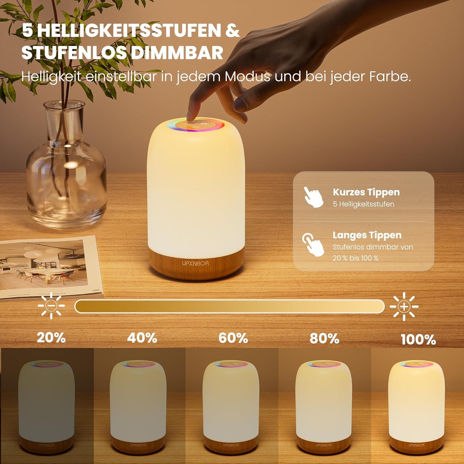 Luckice LED Nachtlicht Touch Dimmbar mit 256 RGB Farben & 4 Modi, Tischlampe Kabellos mit Timer & Haken, USB Aufladbar, Holzmaserung, Tragbares Nachtlicht für S – Bild 5 von 5