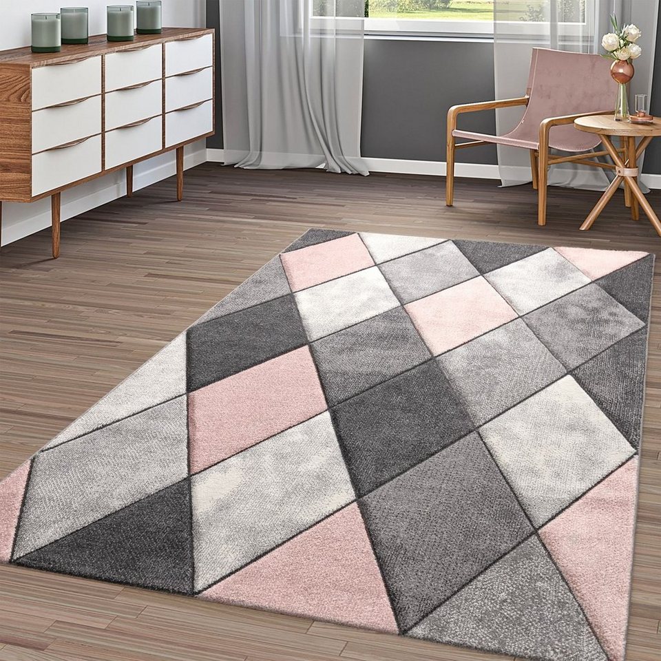 16 mm rechteckig, Teppich Teppich Wohnzimmer TT Rosa Rauten, Kurzflor Grau Höhe: Home,