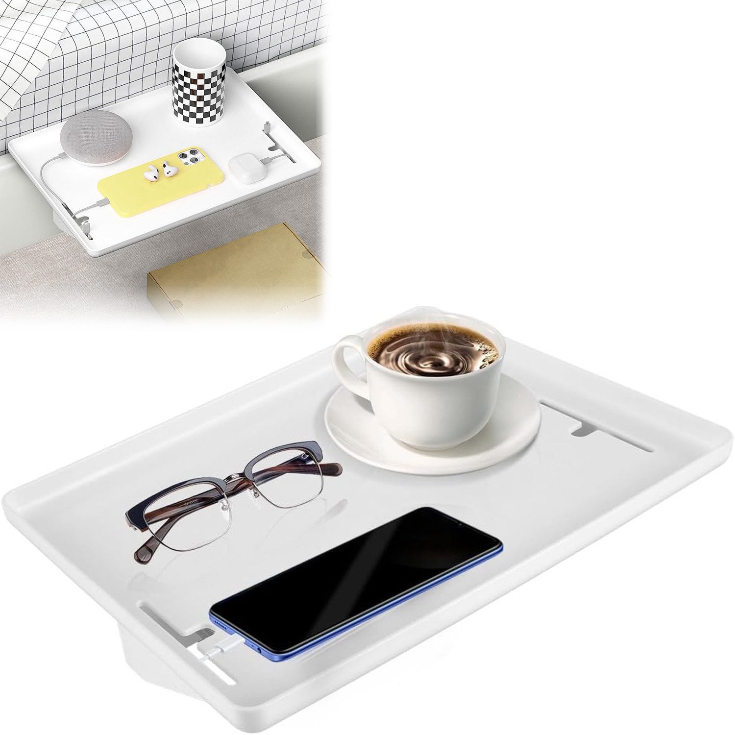 Refined Living Nachttisch Bettregal aus ABS mit Kabelöffnungen Hängeaufbewahrung Bett Organizer (Nachttisch Zum Einhängen Tablett-Organizer abnehmbar und verstellbar, 1-St., Ablageregal für das Bett Regal Hochbett für Mobiltelefon Fernbedienung), Klemmbare Bettablage mit Kabelführung Regal 16 kg Tragkraft Weiß