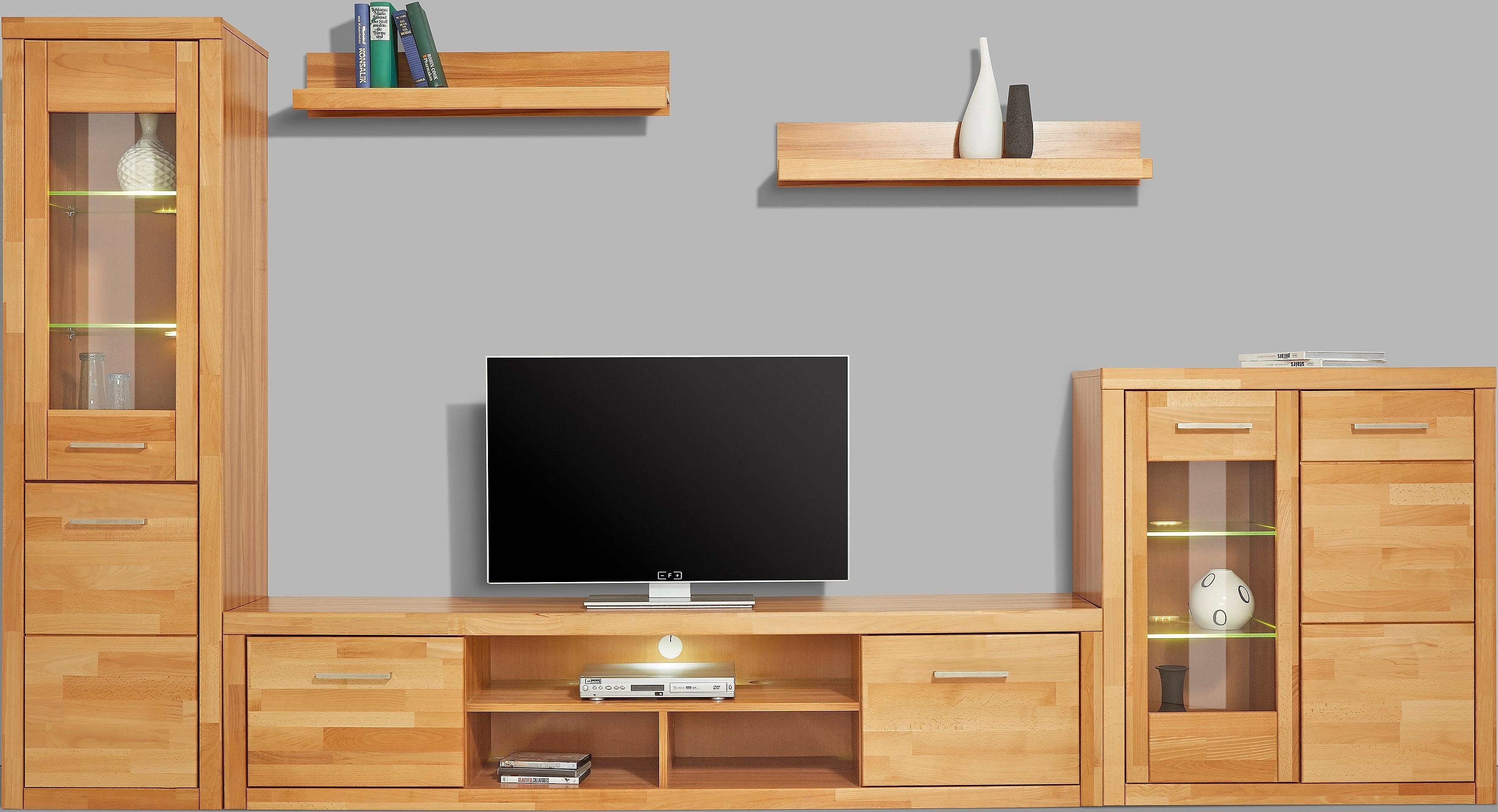 OTTO home Wohnwand Logo,Fronten Massivholz,Korpus Holzwekstoff,Böden versetzbar, (Set, 5-St), Türanschlag hohe Vitrine wechselbar,bei TV Teil Kabeldurchführung