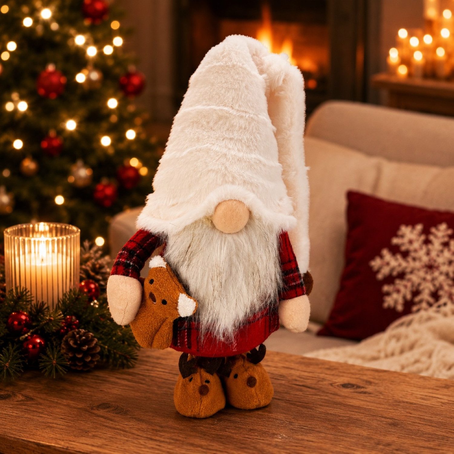 Online-Fuchs Dekofigur Weihnachtswichtel, Zwerge mit Zipfelmütze und Teddy - Weihnachtsdeko (im gemütlichen Pyjama-Outfit, 36 cm groß), süße Hausschuhe im Rentier-Design - W1