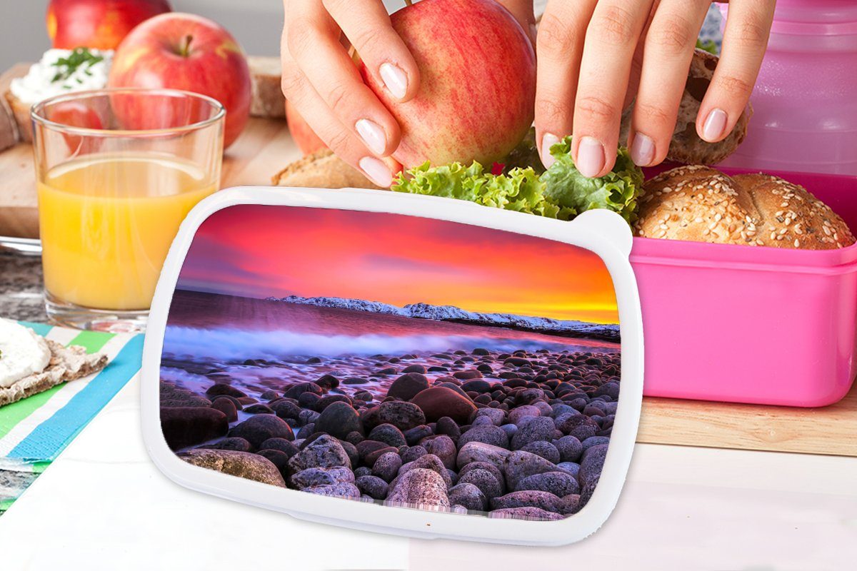 - für Brotbox rosa MuchoWow - Wasser, Lunchbox Schnee Landschaft Erwachsene, (2-tlg), Mädchen, Kunststoff Kunststoff, Steine Sonne Kinder, Brotdose - - Snackbox,