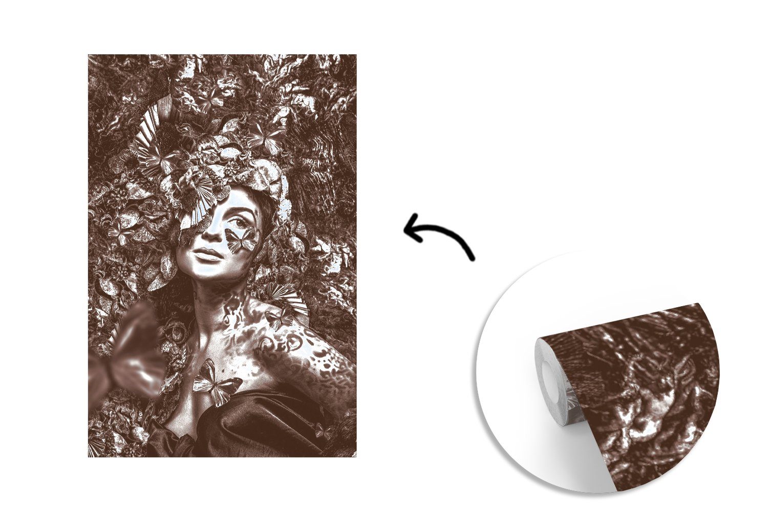 MuchoWow Fototapete Frau - Vinyl bedruckt, Wohnzimmer, - Schmetterling, Wandtapete (3 für St), Tapete Montagefertig Matt, Sepia