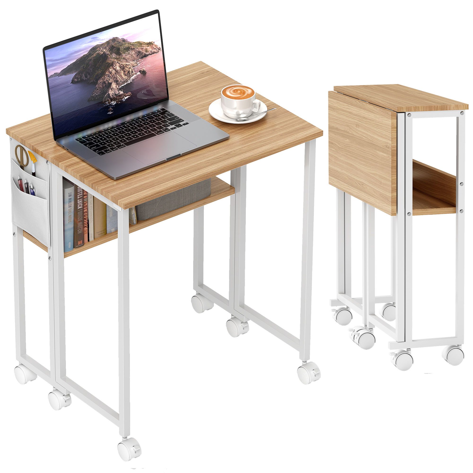 HOMCOM Schreibtisch Klappbar Kleiner 63 cm mit Rollen (Klappschreibtisch, 1-St., Platzsparend Computertisch), mit Regal, Aufbewahrungstasche, für Home Office, N – Bild 2 von 5