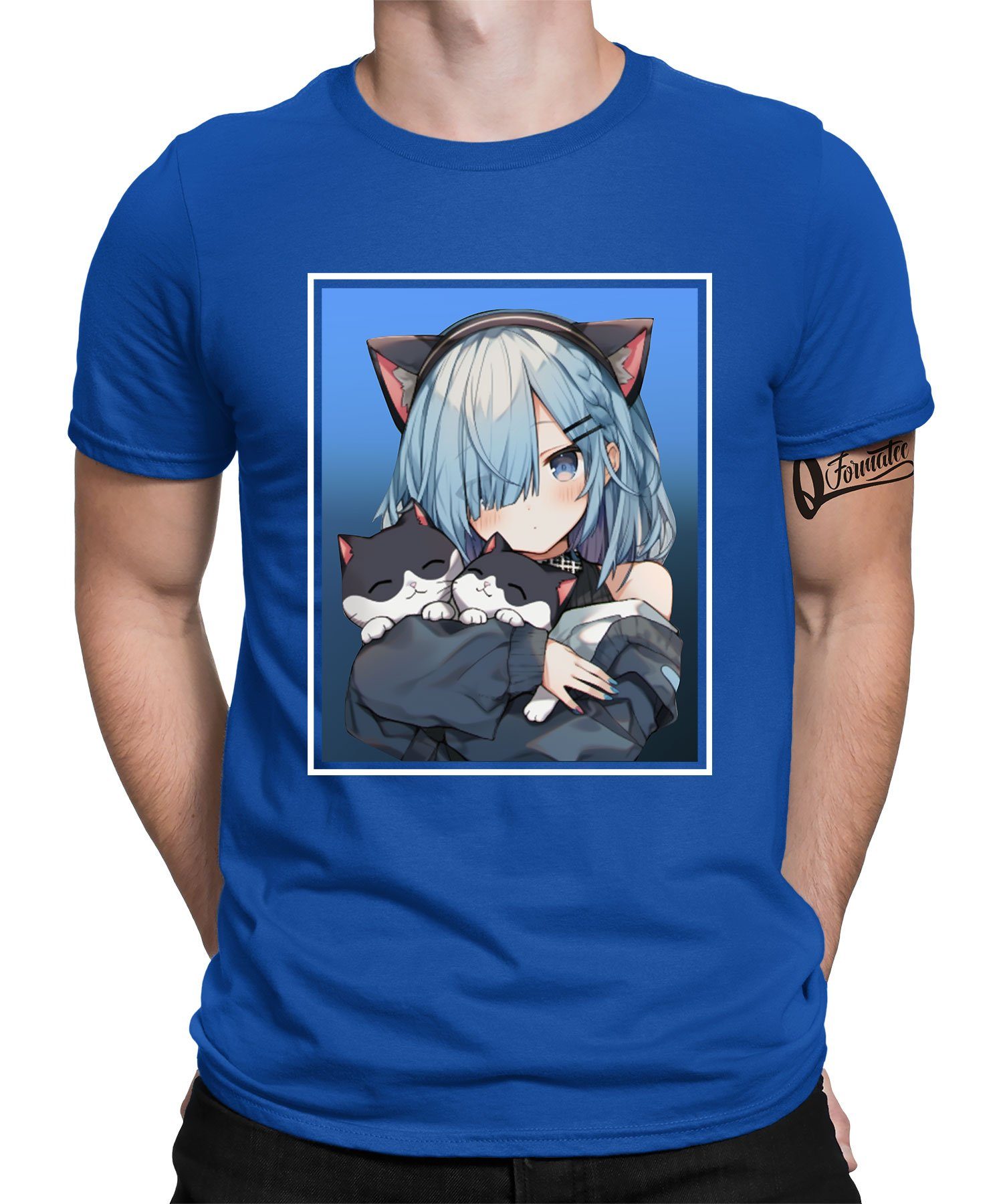 - Anime Ästhetik Blau (1-tlg) Formatee Herren T-Shirt Quattro Girl Katze Kurzarmshirt