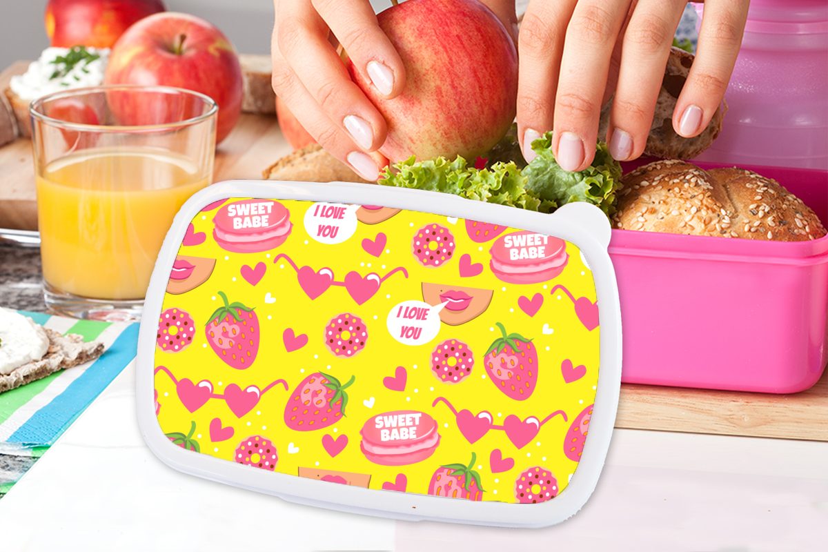 Erwachsene, Brotbox Kunststoff, - Snackbox, Rosa, Brotdose Kinder, (2-tlg), - Mädchen, Kunststoff Muster MuchoWow Lunchbox Lebensmittel für
