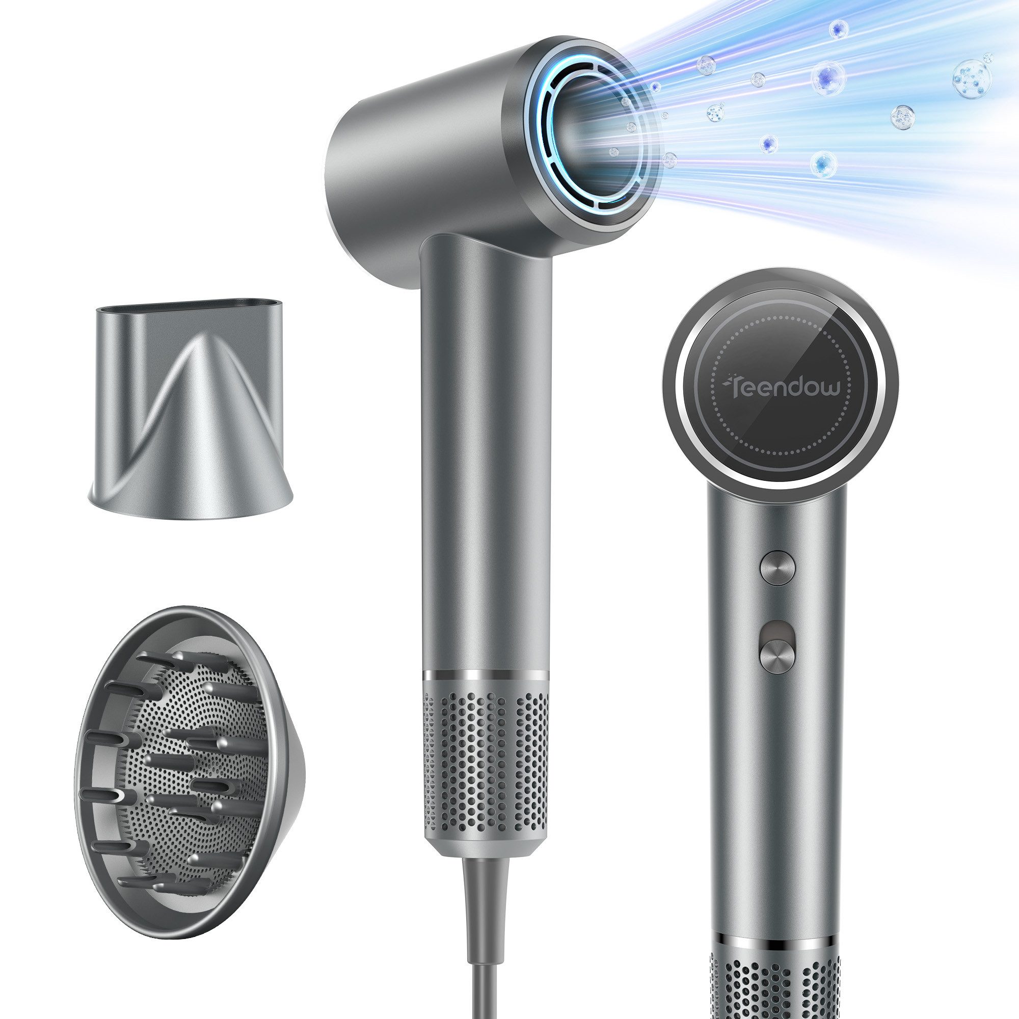 Teendow Haartrockner Haartrockner, Föhn mit Diffusor LED-Display, Hochgeschwindigkeit Föhn, 1500 W, Magnetdüse, Diffusor,Aufbewahrungstasche, Ionen-Technologie, Leise Betriebslautstärke, Schnelltrocknung