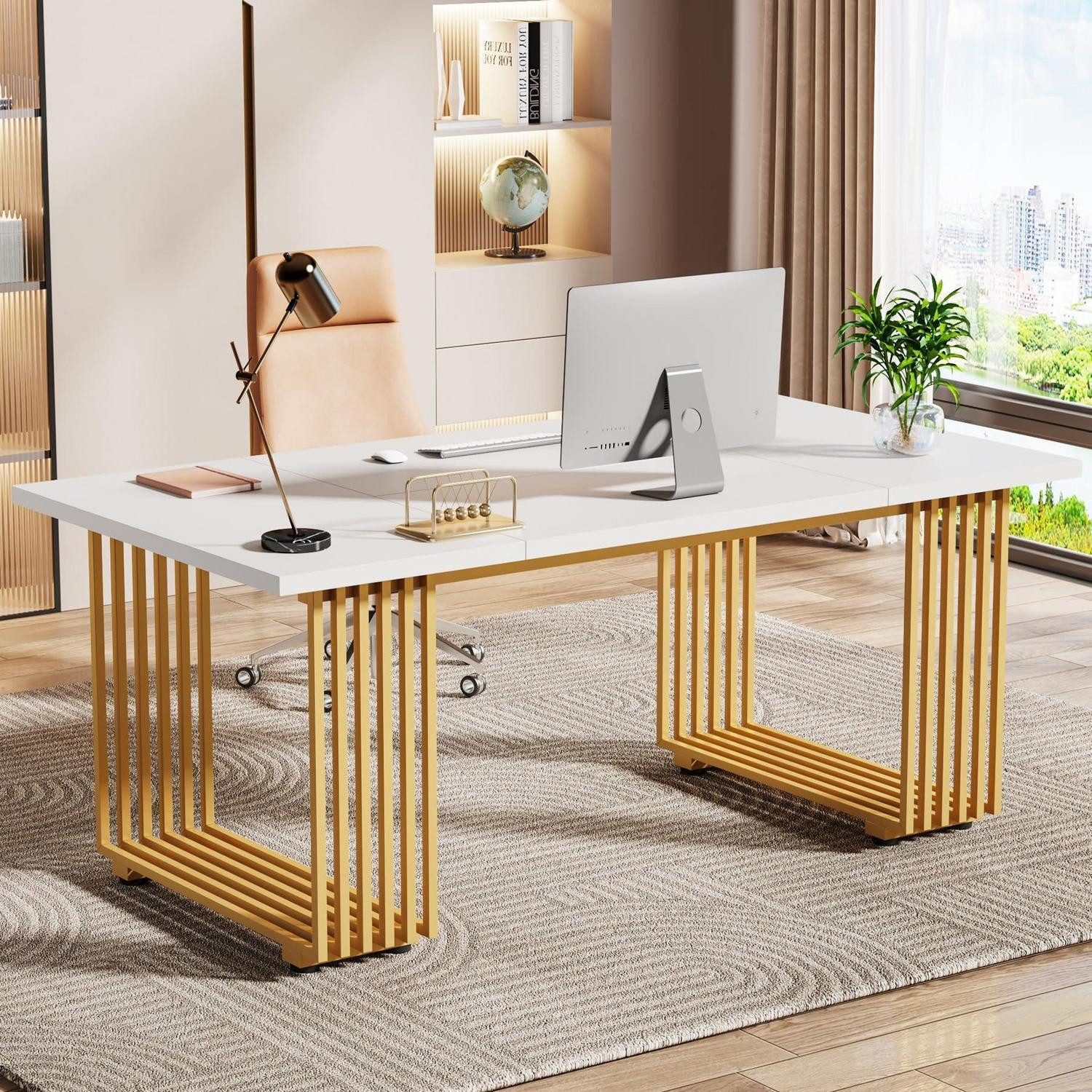 LuxusKollektion Schreibtisch Schreibtisch Computertisch 180x80cm Homeoffice Weiß Gold (1-St)