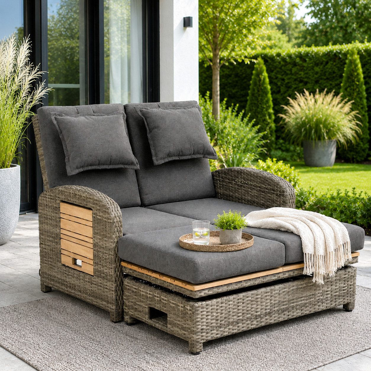 Greemotion Gartenlounge-Set Bahia Tobago 2-Sitzer Rattan grau Gartensofa mit Liegefunktion, inkl. höhenverstellbarem Tisch