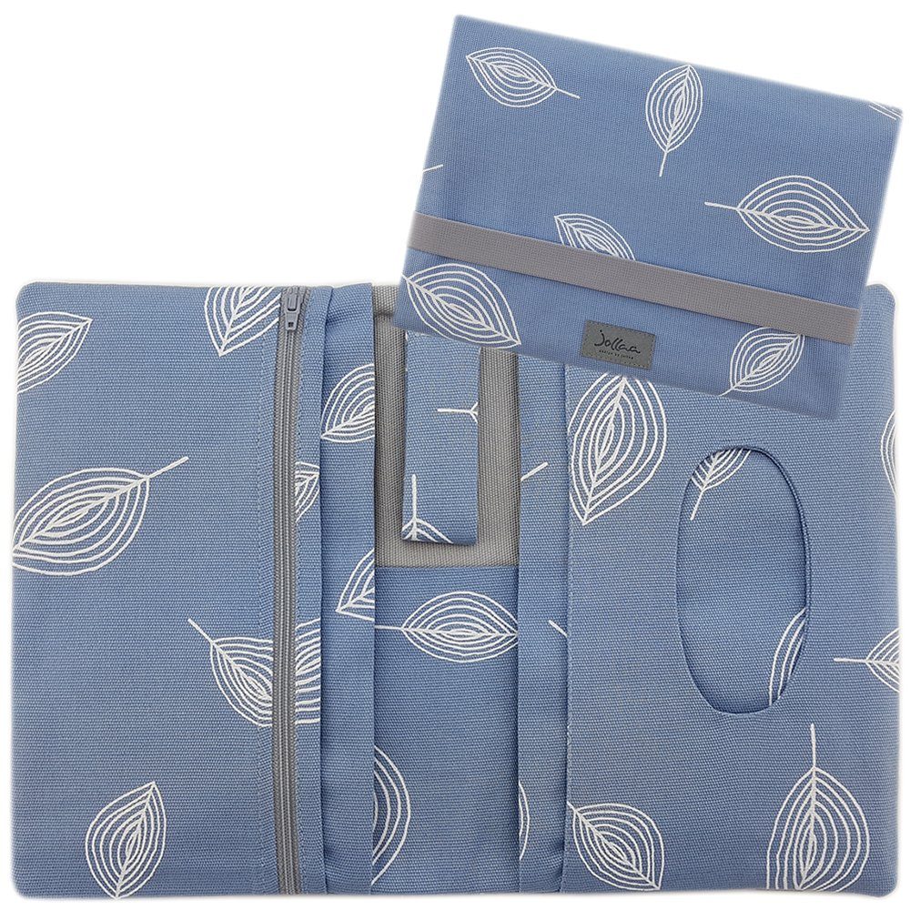 JOLLAA Windeltasche Canvas Blätter Blau, kleine Wickeltasche für Windeln & Feuchttücher, Wickelmäppchen