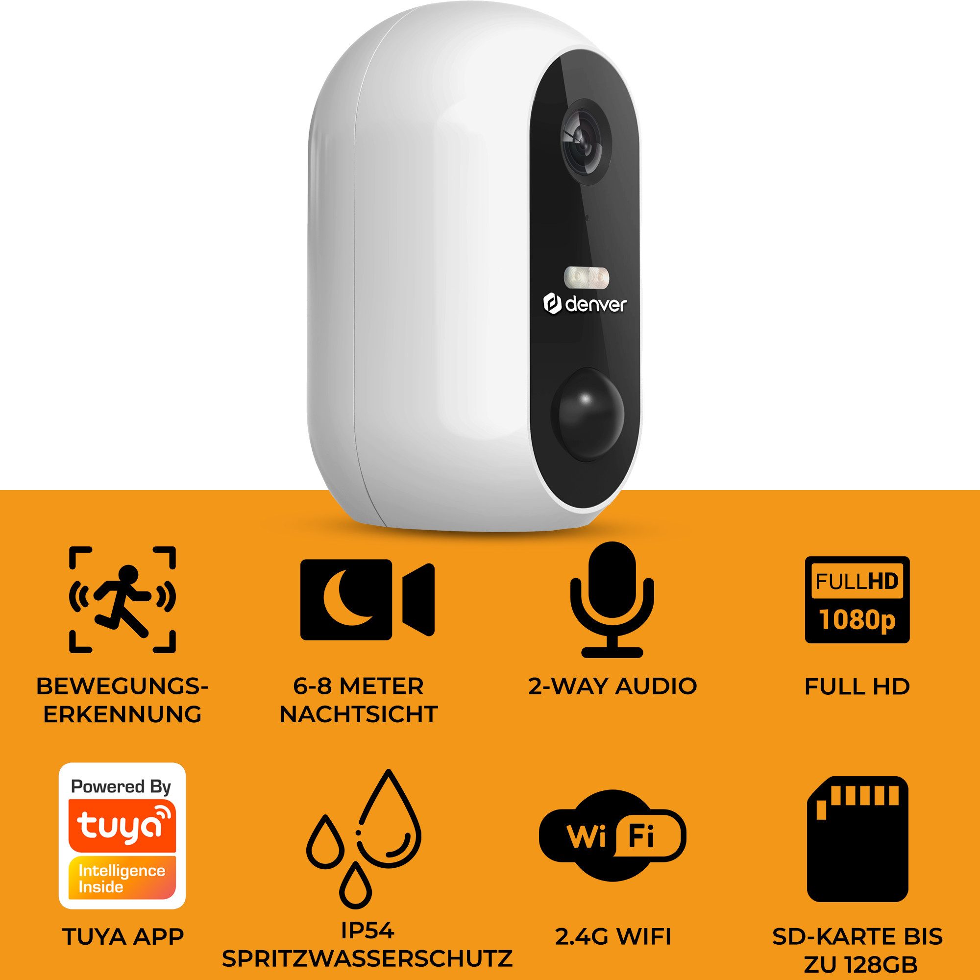 Denver Überwachungskamera IOB-209 (Innen & Außen, Bewegungssensor, IR-Nachtsicht, Zwei-Wege-Audio (Mikro+Lautsprecher)