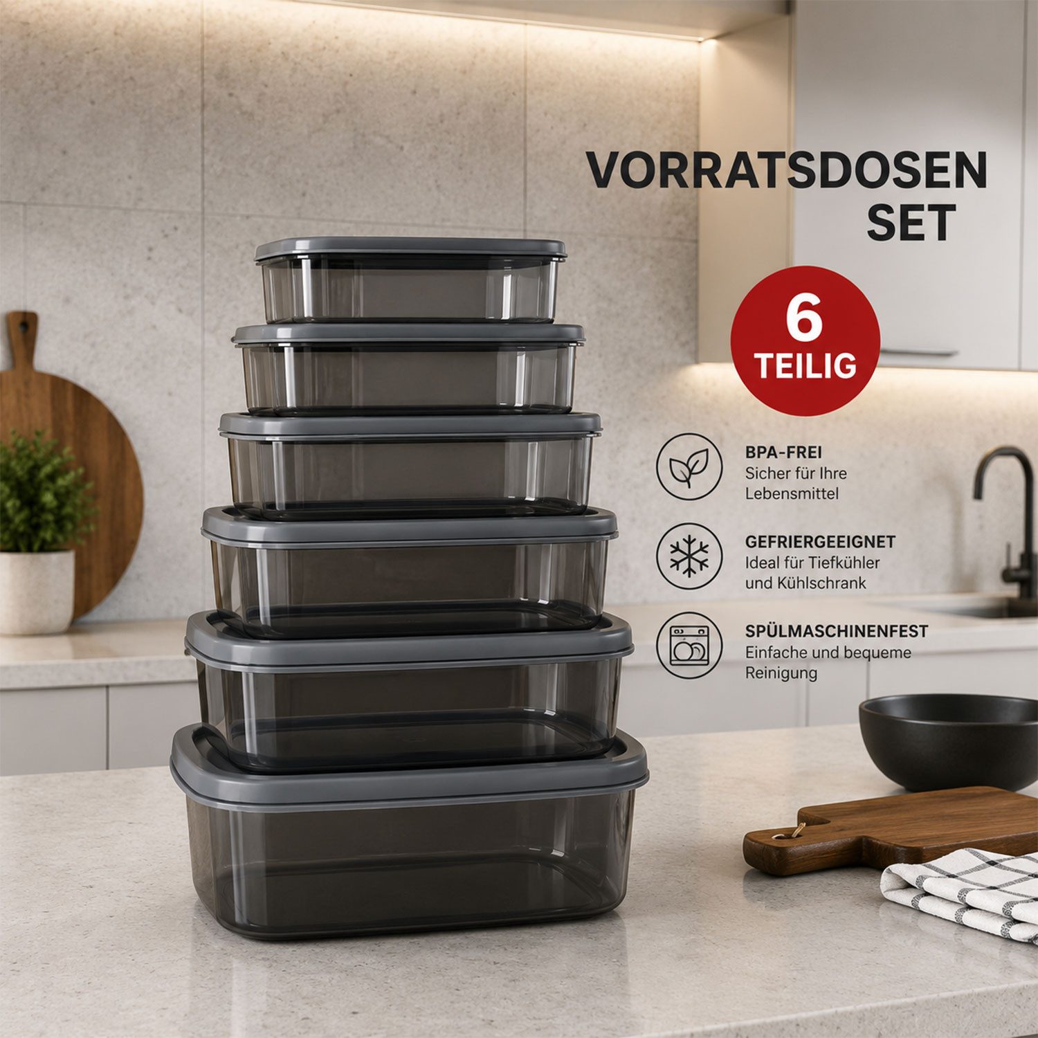 Jungengel Frischhaltedose Vorratsdosen Set 6-teilig Stapelbar Aufbewahrungsdosen Gefrierdosen, (Vorratsdosen-Set, 6-tlg., 6 passende Deckel, 6x Vorratsdosen in unterschiedlichen Größen), BPA-Frei, Gefriergeeignet bis -25 °C, Hitzebeständig bis ca. +95 °C