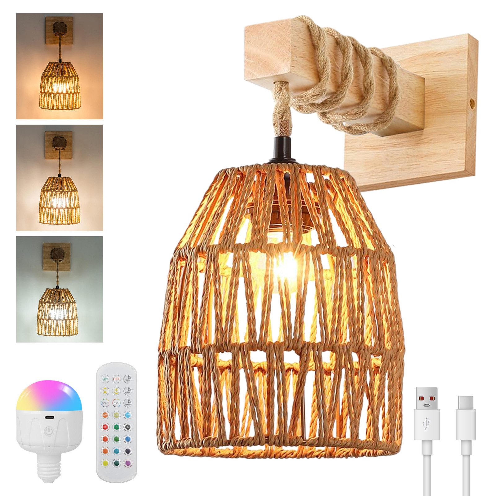 Rosnek Wandleuchte Innen Retro Wandlampe LED aus Rattan Wiederaufladbar Akk günstig online kaufen