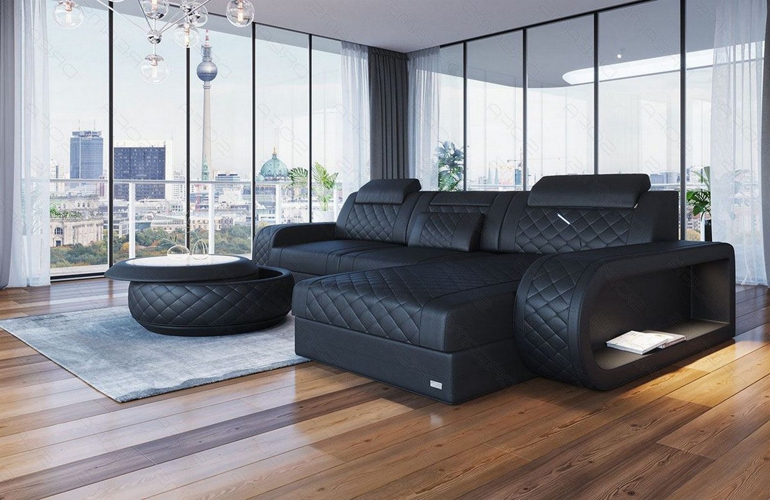 Sofa Dreams Ecksofa Berlin L Form Leder, Ecksofa, Ottomane, LED-Beleuchtung, Breite: 308cm, Zierkissen, 4-Sitzer, USB