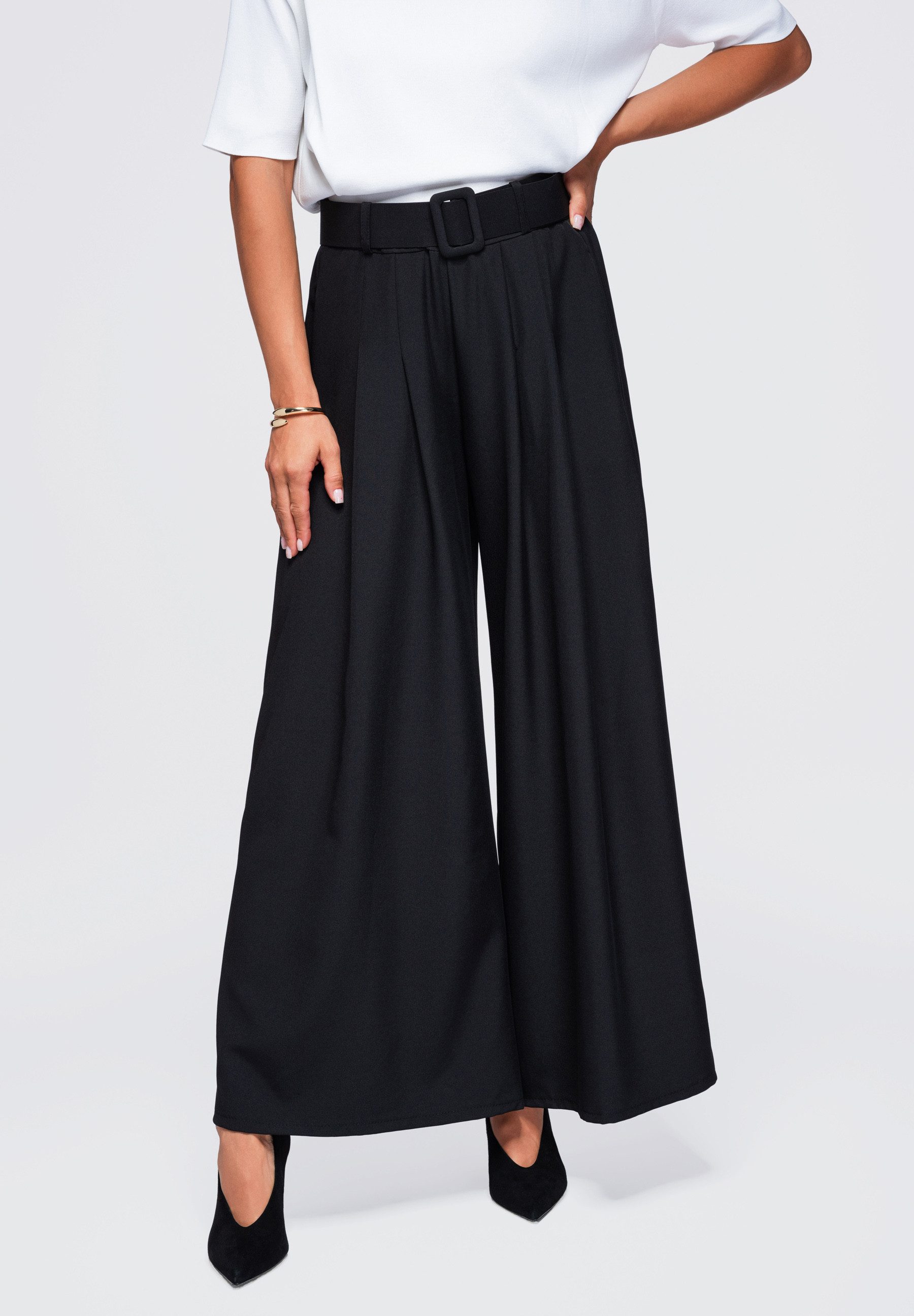 OMBRE Palazzohose Damen Palazzohose mit hohem Bund und weitem Bein Schwarz S/M (kein Set, 1-tlg) in Unifarbe