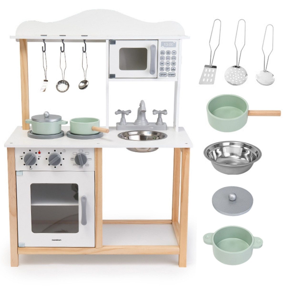 Mamabrum Kinder-Küchenset Kinderküche aus Holz mit Mikrowelle, Backofen & Zubehör