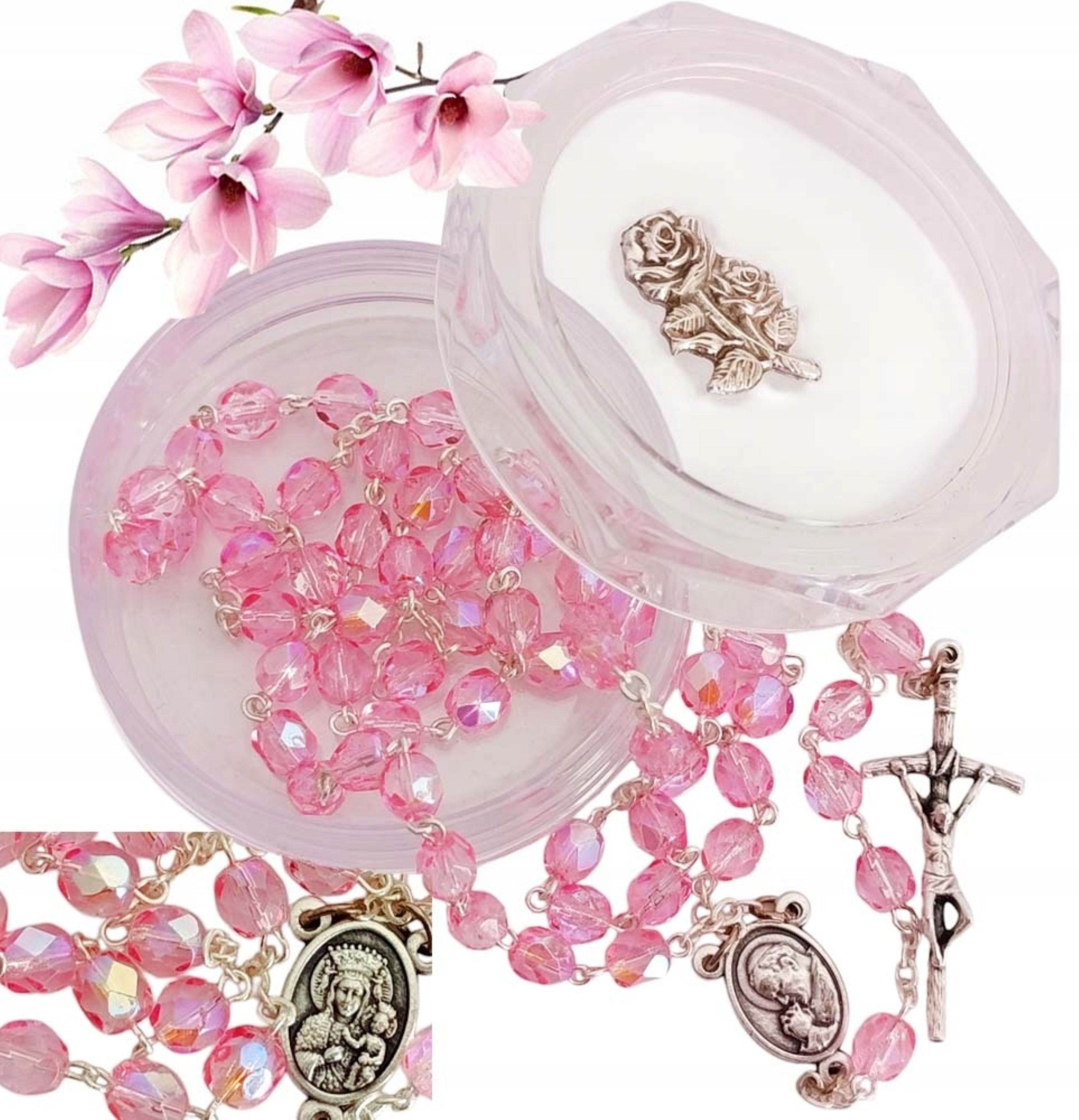 Festivalartikel Schmuckset Kommunion Rosenkranz Rosa Kristall + Etui mit Rose, Italienische Teile (1-tlg)